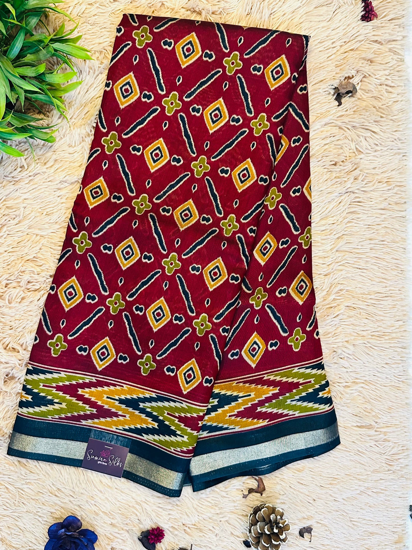 Maroon Maheshwari Cotton Silk Printed Saree with Zari Border