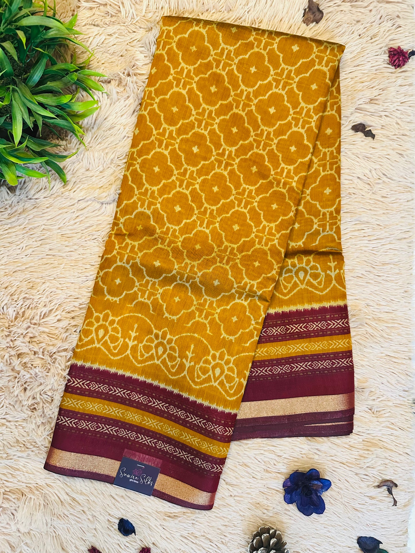 Mustard Maheshwari Cotton Silk Printed Saree with Zari Border