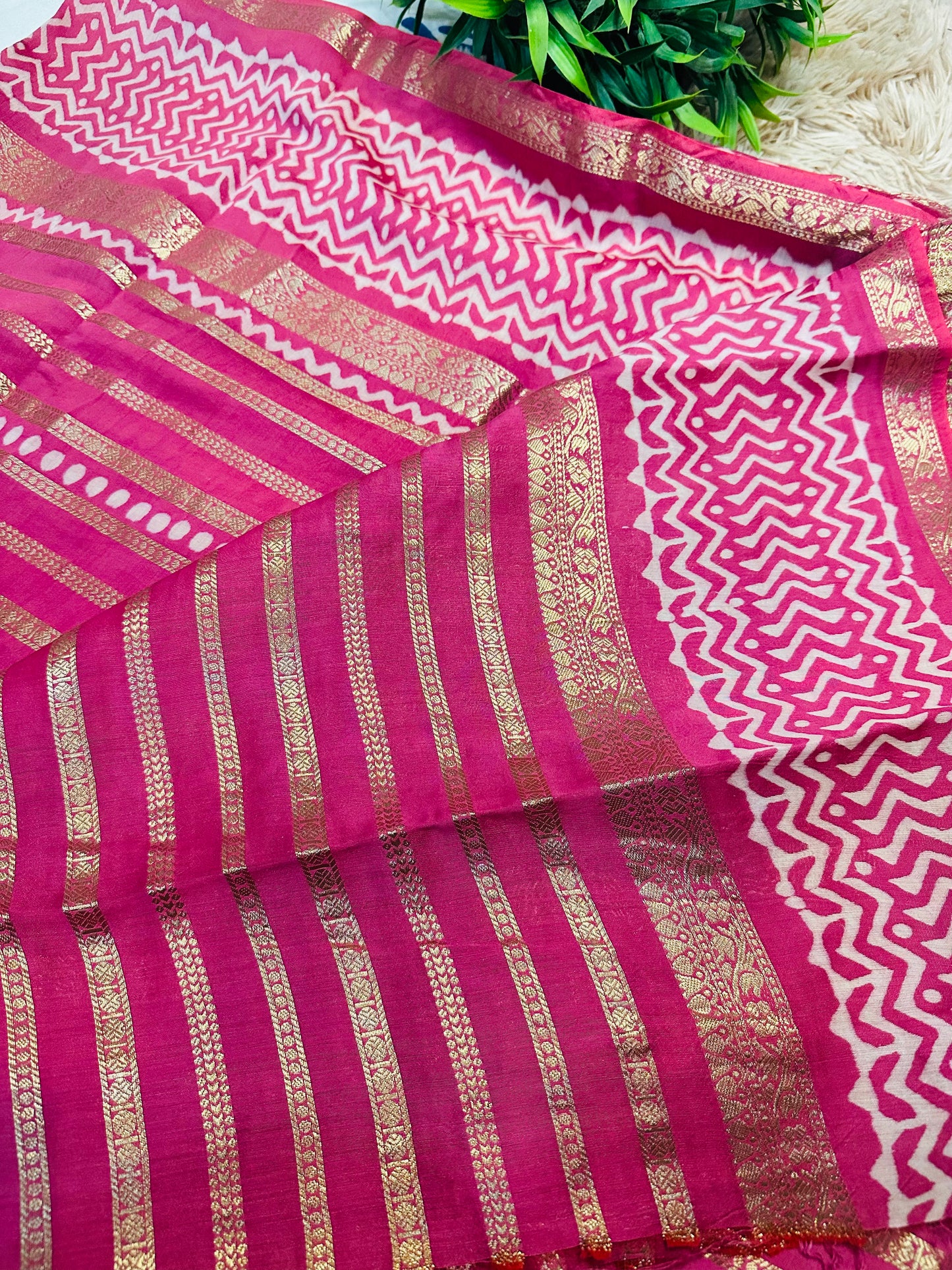 Dark Pink Printed Pure Mul Cotton Saree With Zari Pattern Stripes