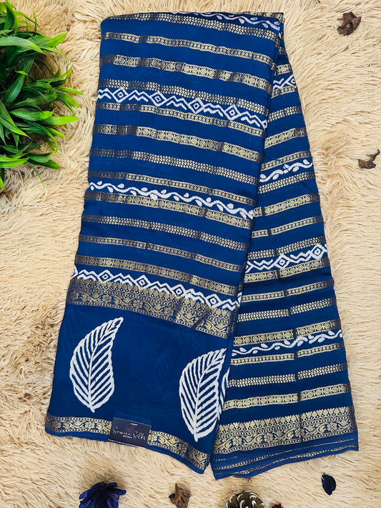 Navy Blue Printed Pure Mul Cotton Saree With Zari Pattern Stripes