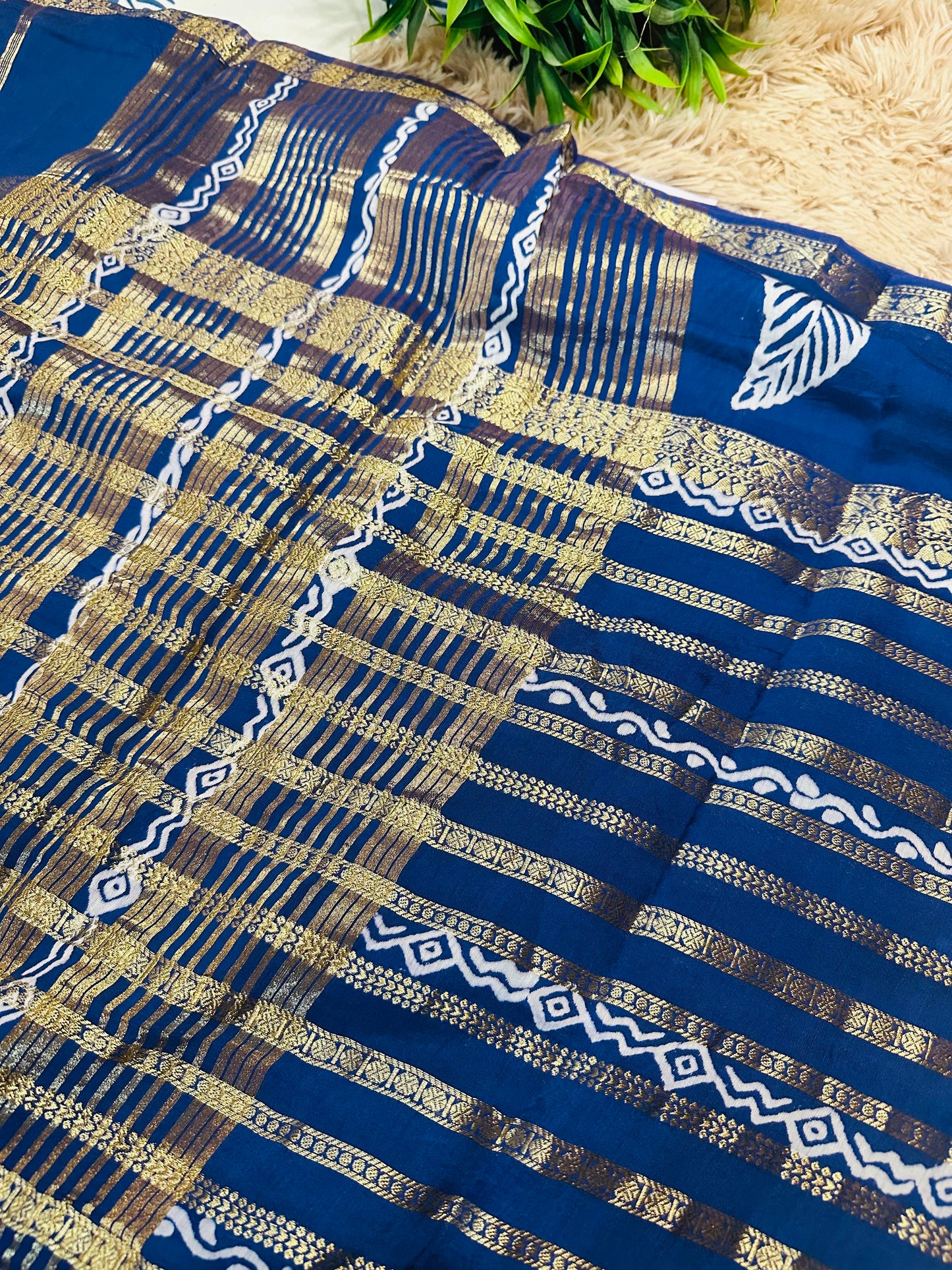 Navy Blue Printed Pure Mul Cotton Saree With Zari Pattern Stripes