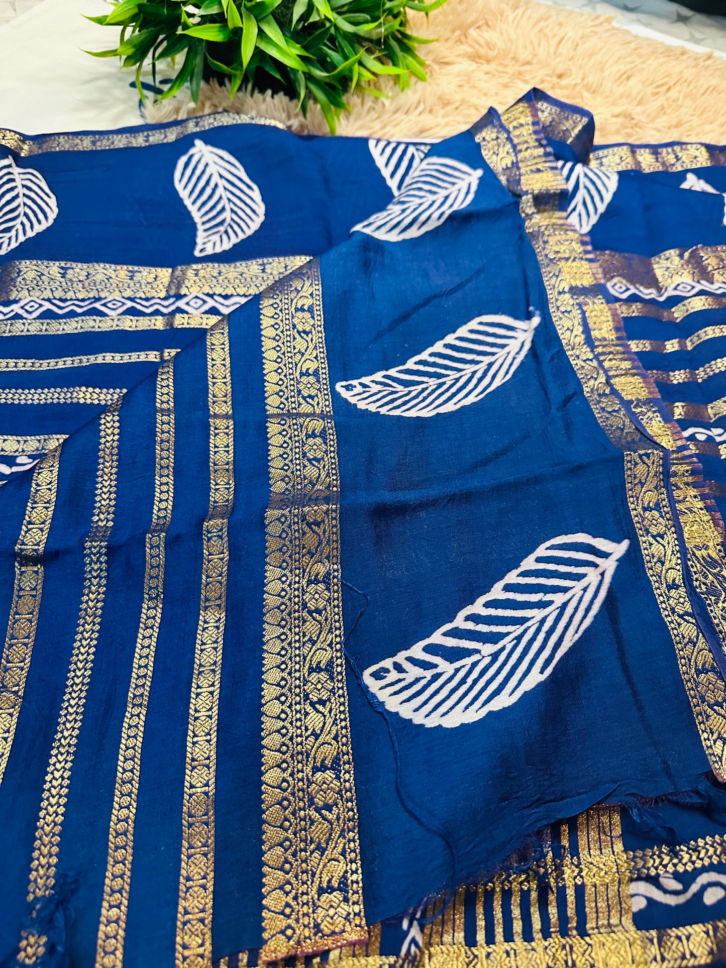 Navy Blue Printed Pure Mul Cotton Saree With Zari Pattern Stripes