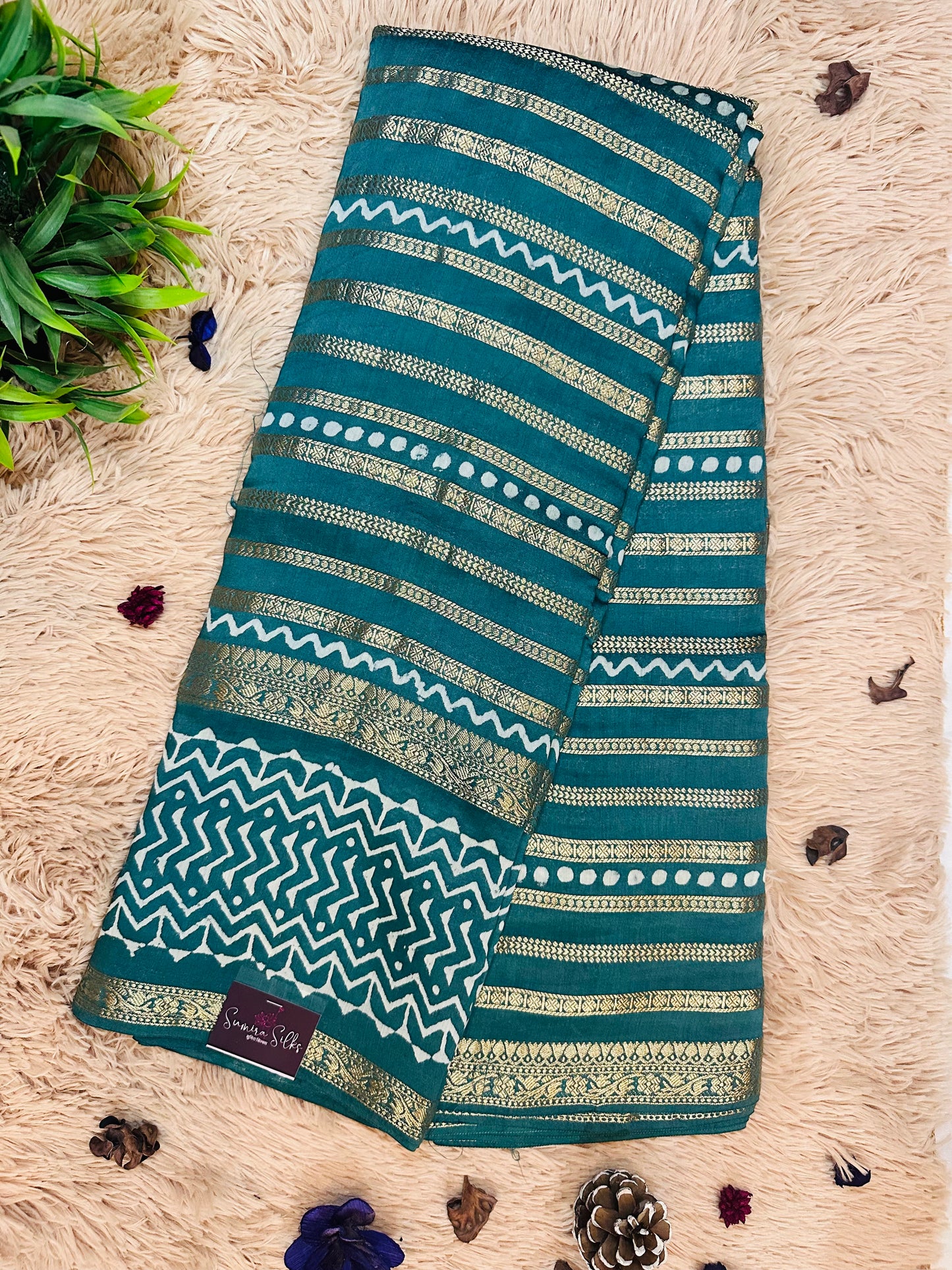 Teal Blue Printed Pure Mul Cotton Saree With Zari Pattern Stripes