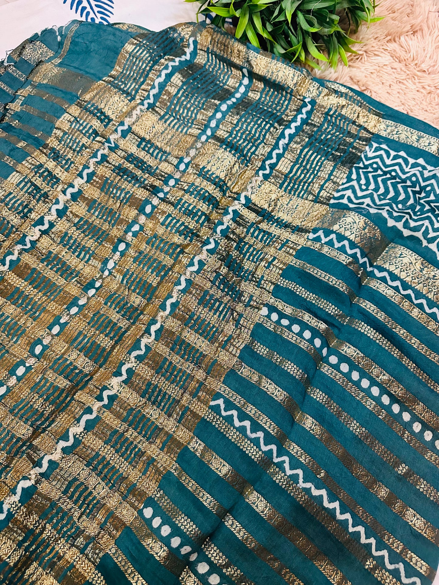 Teal Blue Printed Pure Mul Cotton Saree With Zari Pattern Stripes