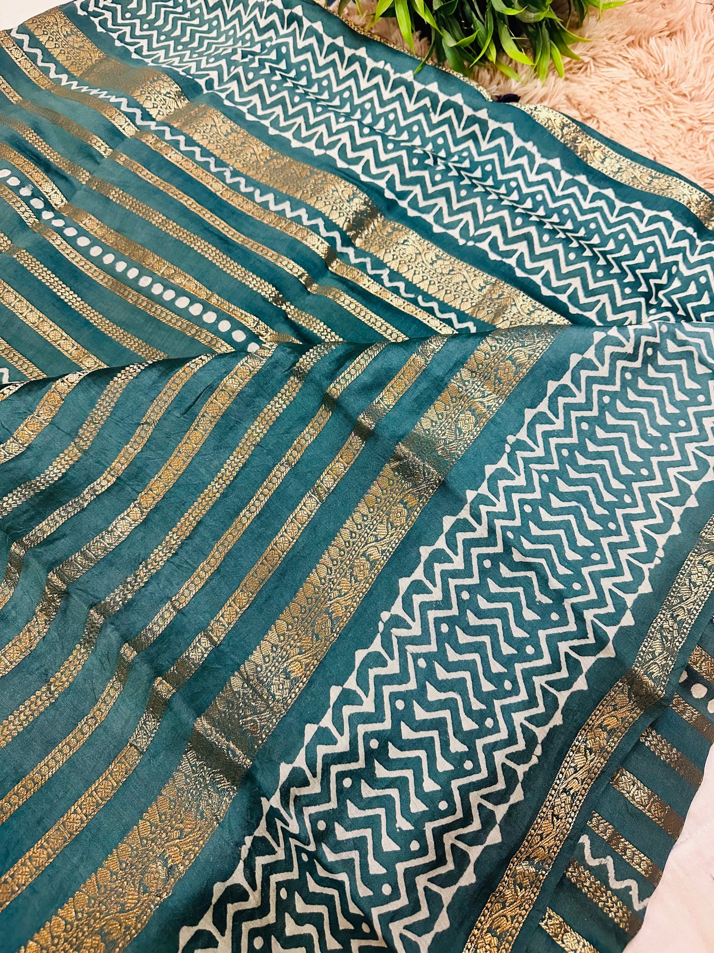 Teal Blue Printed Pure Mul Cotton Saree With Zari Pattern Stripes