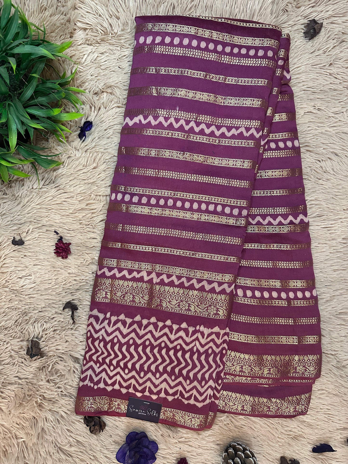 Mauve Printed Pure Mul Cotton Saree With Zari Pattern Stripes