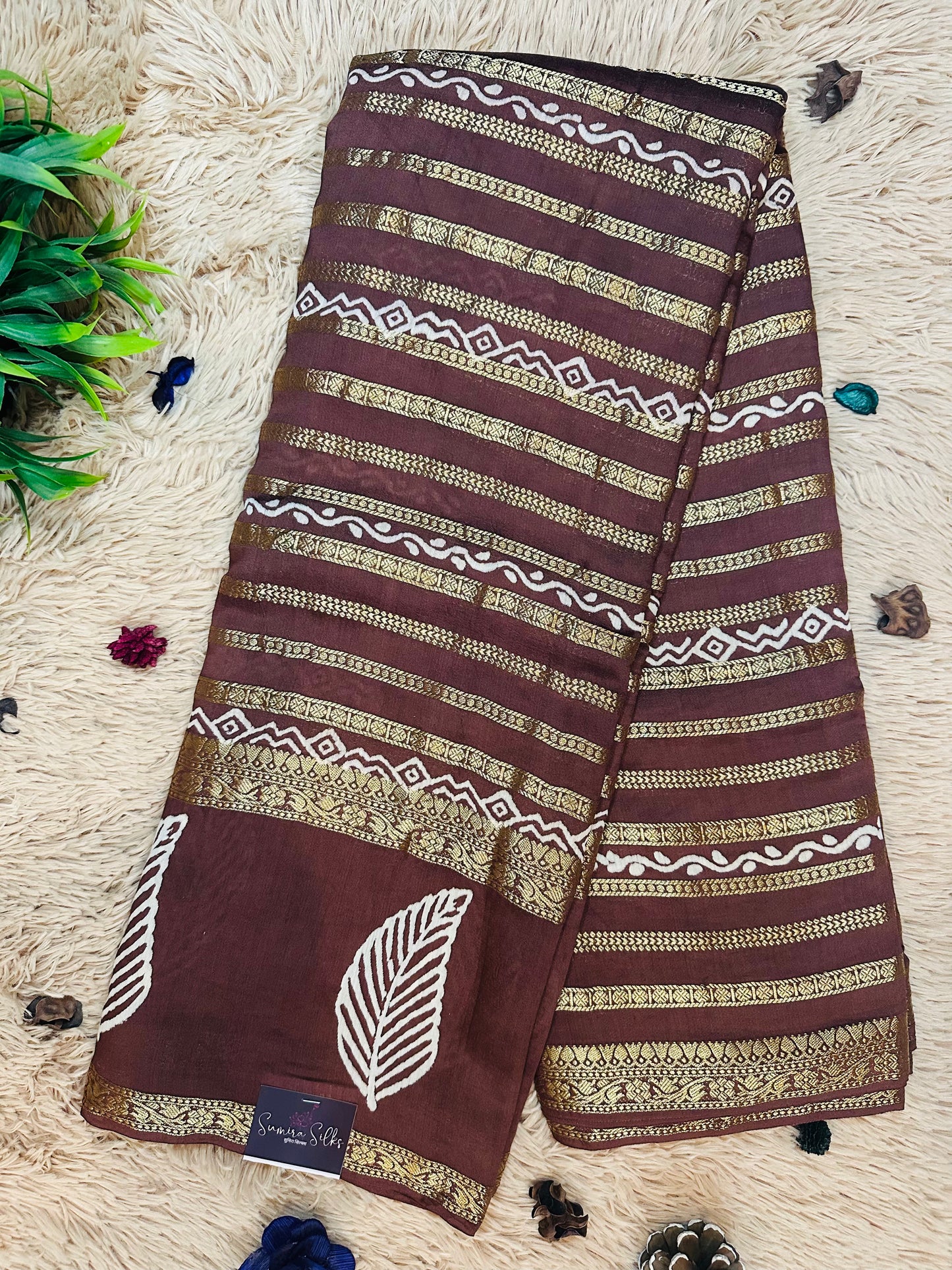 Chocolate Brown Printed Pure Mul Cotton Saree With Zari Pattern Stripes