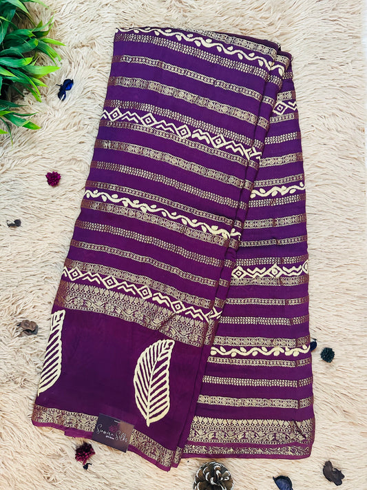 Wine Printed Pure Mul Cotton Saree With Zari Pattern Stripes