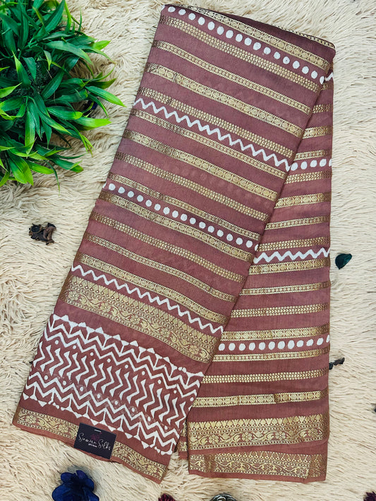 Pastel Brown Printed Pure Mul Cotton Saree With Zari Pattern Stripes