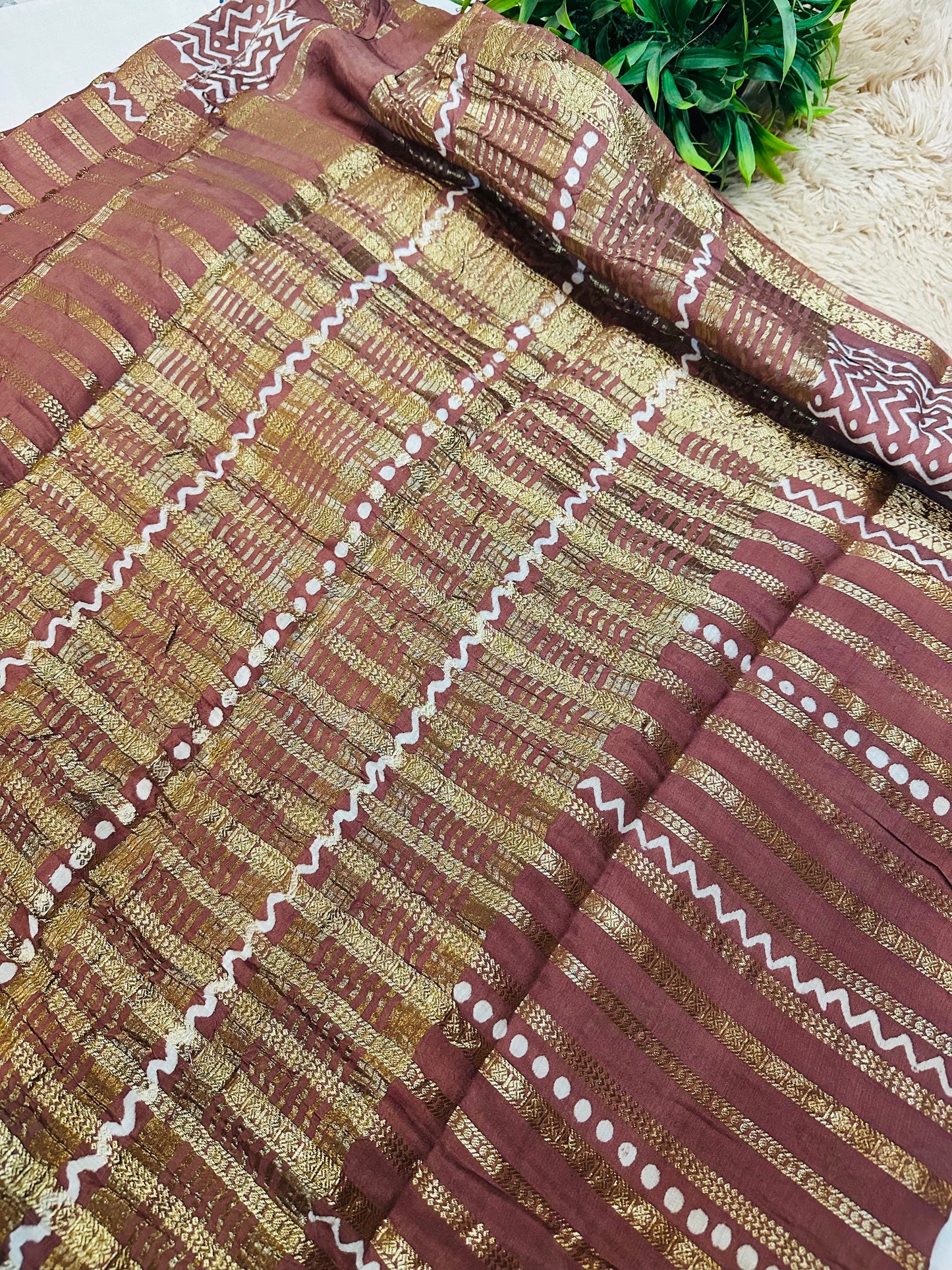 Pastel Brown Printed Pure Mul Cotton Saree With Zari Pattern Stripes