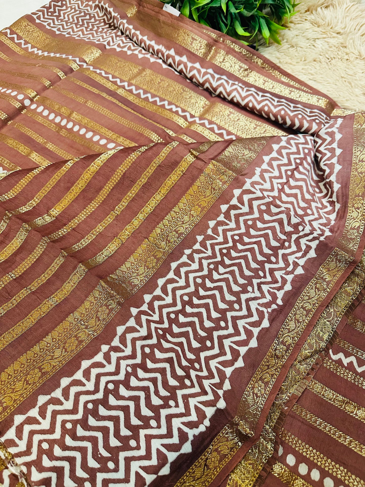 Pastel Brown Printed Pure Mul Cotton Saree With Zari Pattern Stripes