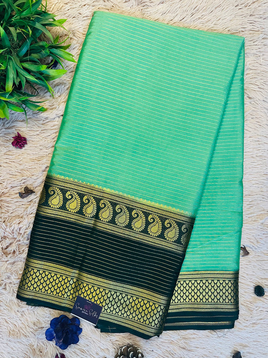 Pista Green Premium KSIC Mysore Crepe Silk Saree With Mysore Mango Zari Border (Contrast Border)