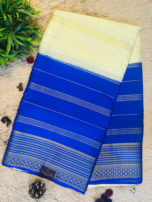 Royal Blue Premium KSIC Mysore Crepe Silk Saree With Zari Stripes (Dual Tone)