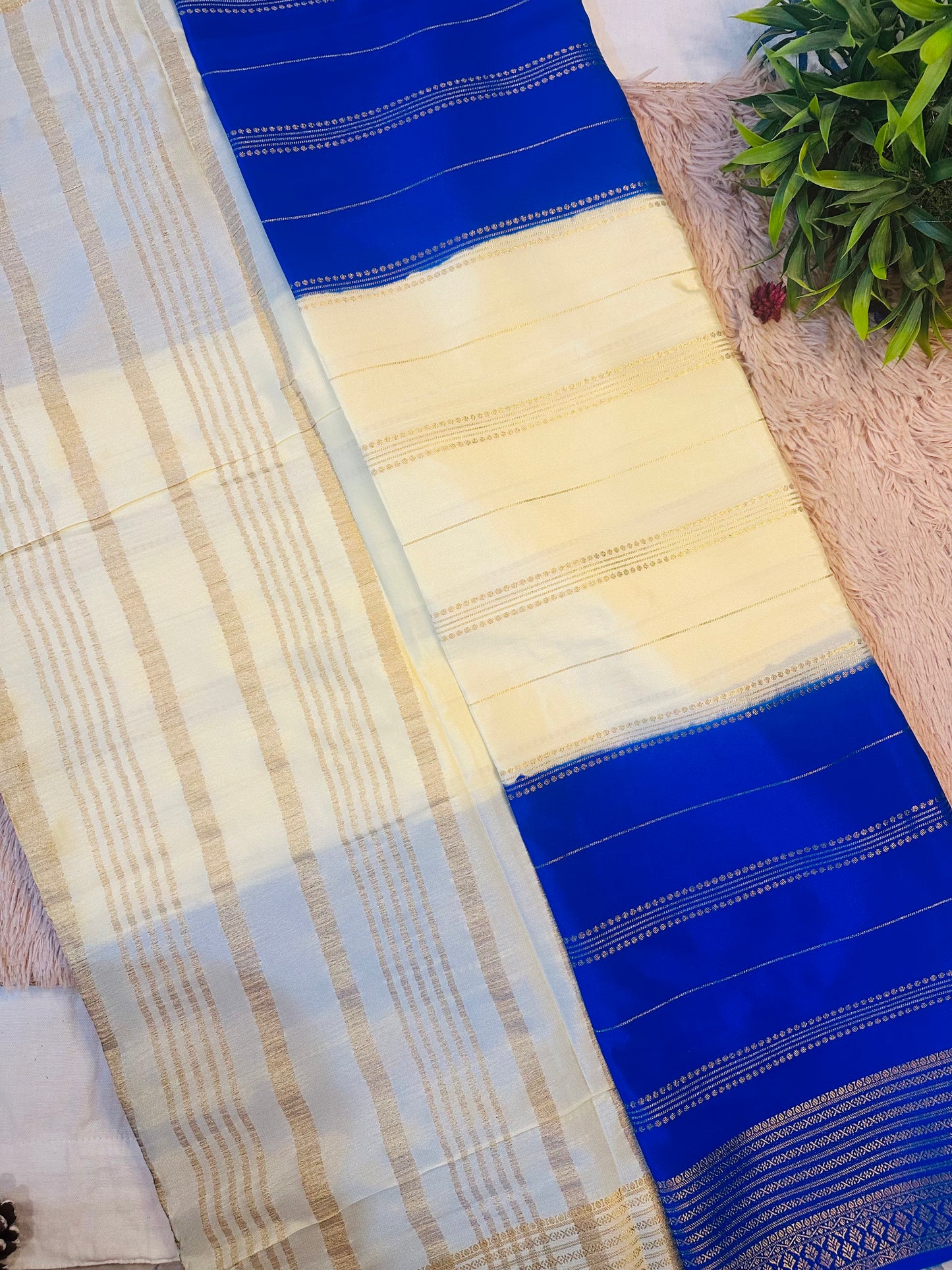 Royal Blue Premium KSIC Mysore Crepe Silk Saree With Zari Stripes (Dual Tone)