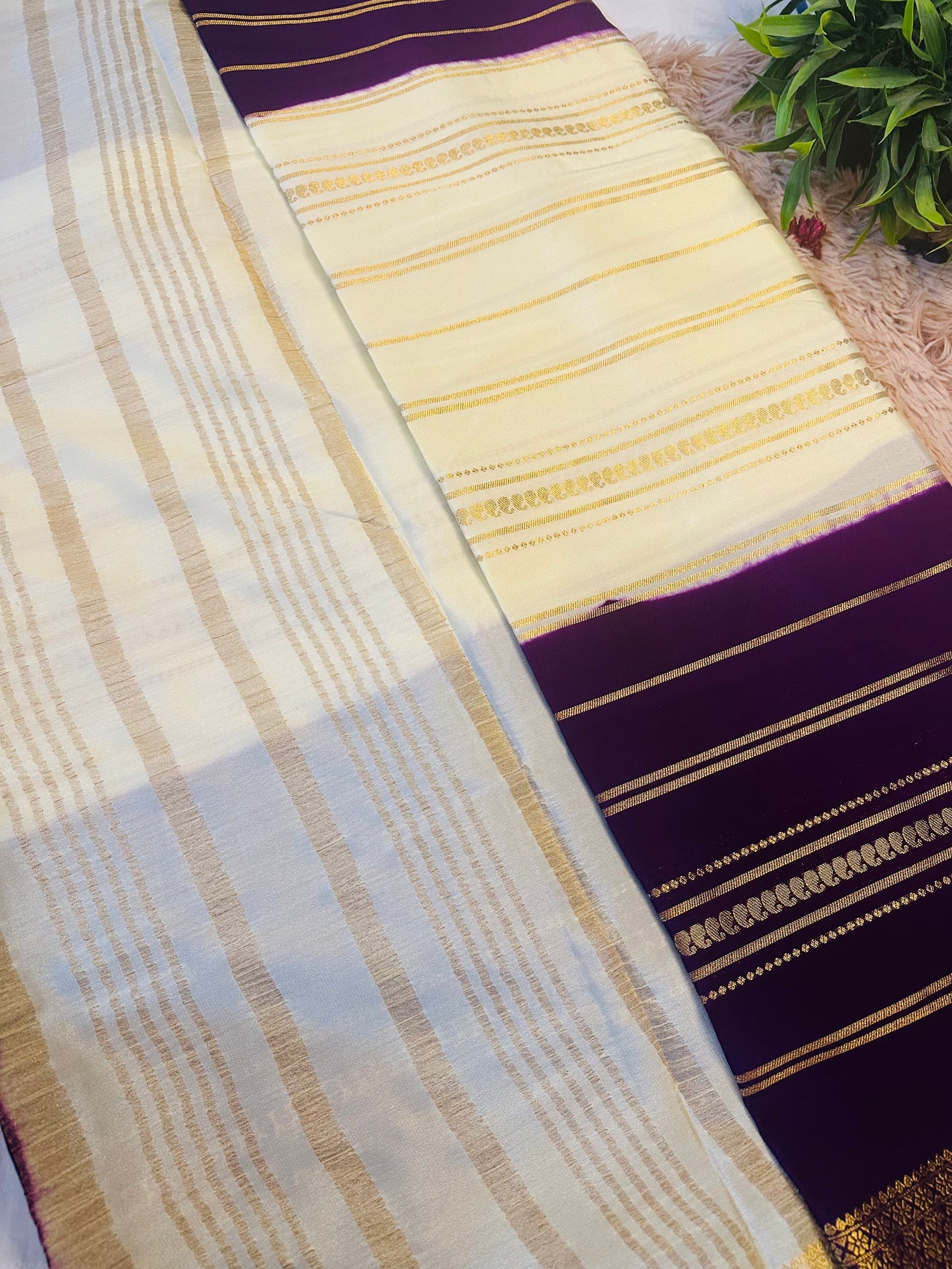 Purple Premium KSIC Mysore Crepe Silk Saree With Zari Stripes (Dual Tone)