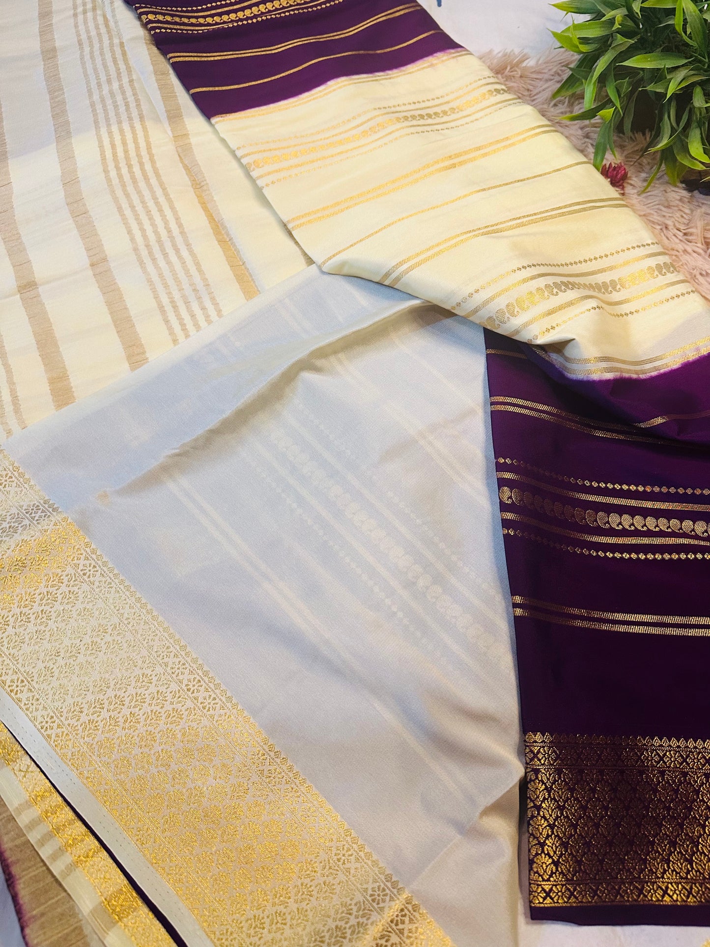 Purple Premium KSIC Mysore Crepe Silk Saree With Zari Stripes (Dual Tone)