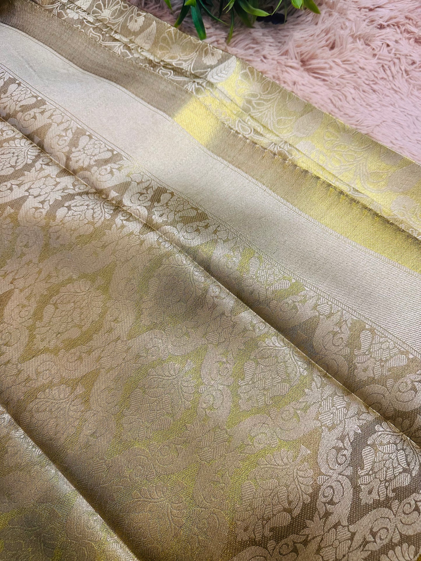 Golden Tissue Silk Saree with Floral Zari Self Design