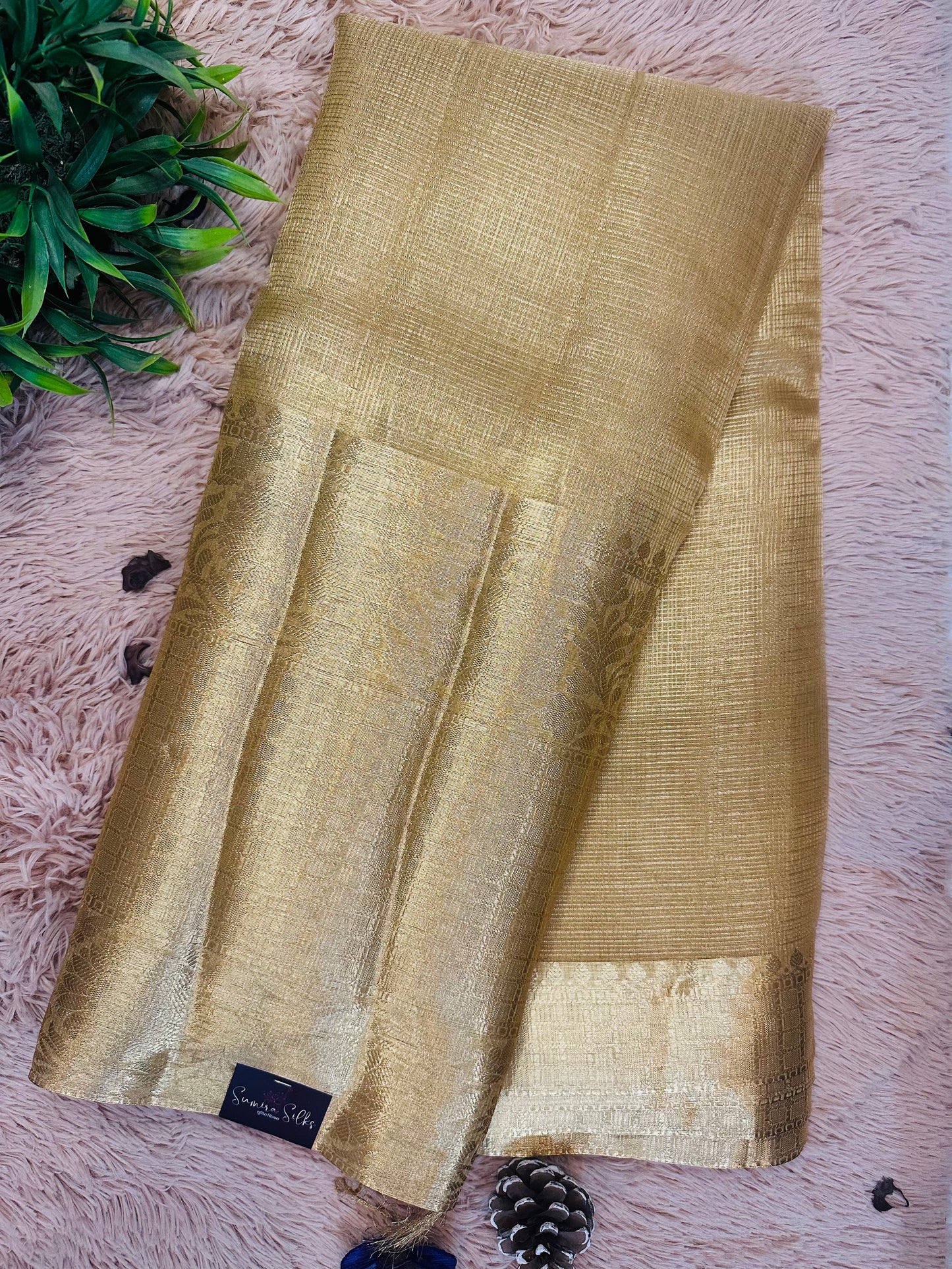 Golden Tissue Silk Saree with Lenin Textured Zari Lines