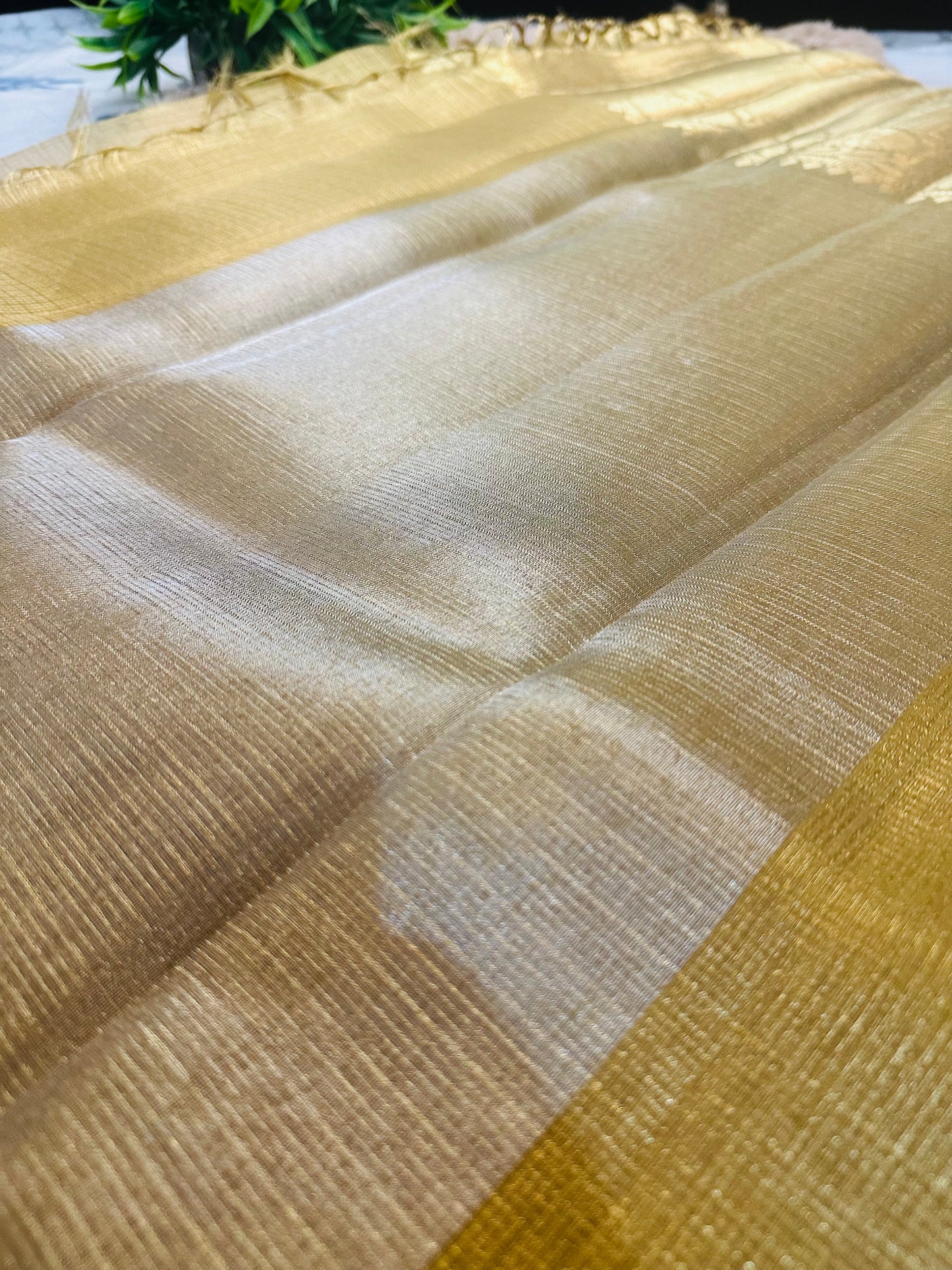 Golden Tissue Silk Saree with Lenin Textured Zari Lines