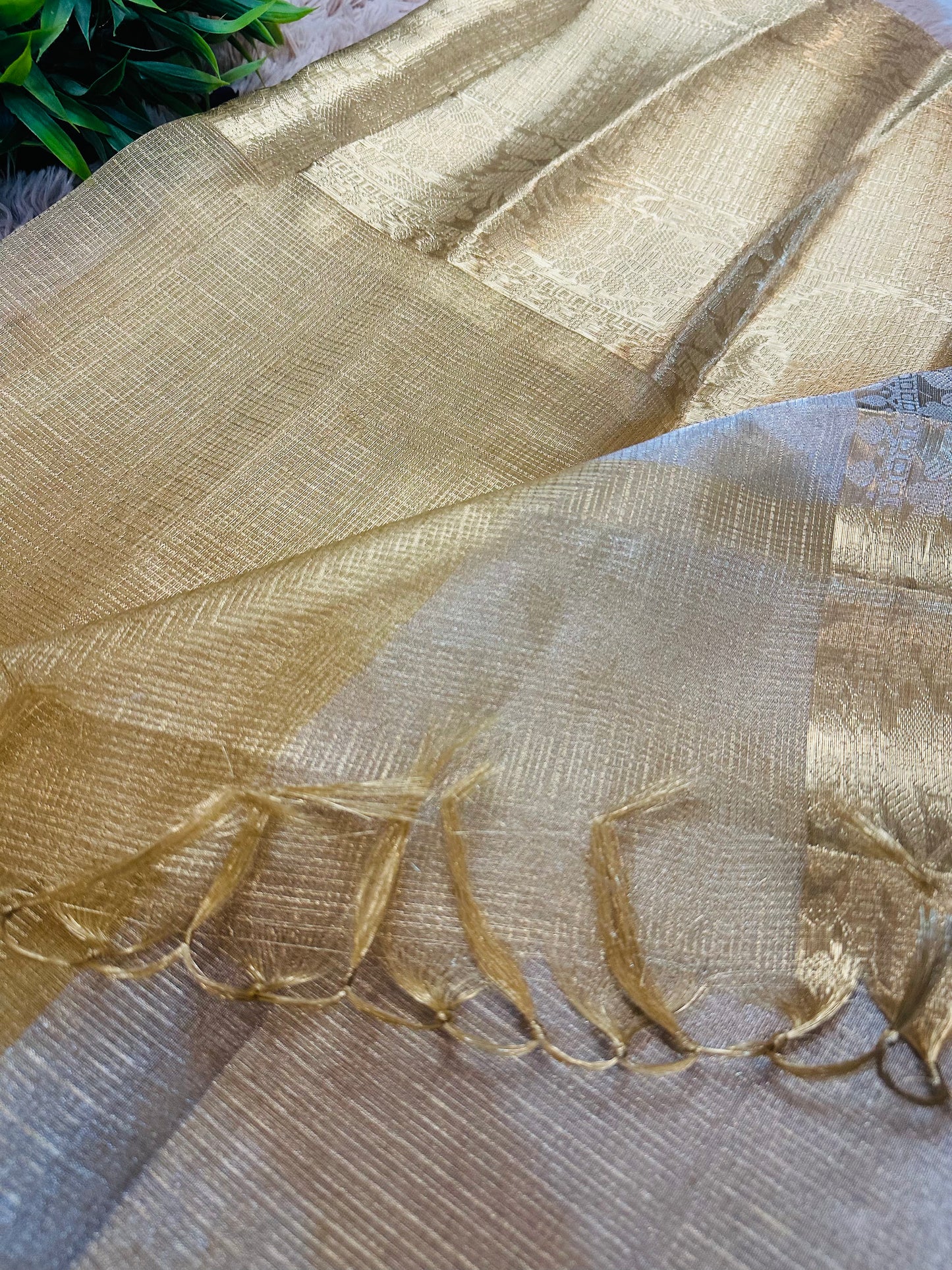 Golden Tissue Silk Saree with Lenin Textured Zari Lines