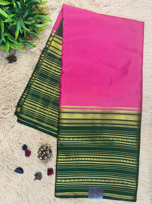 Bright Pink Premium KSIC Mysore Crepe Silk Saree (Contrast Border)