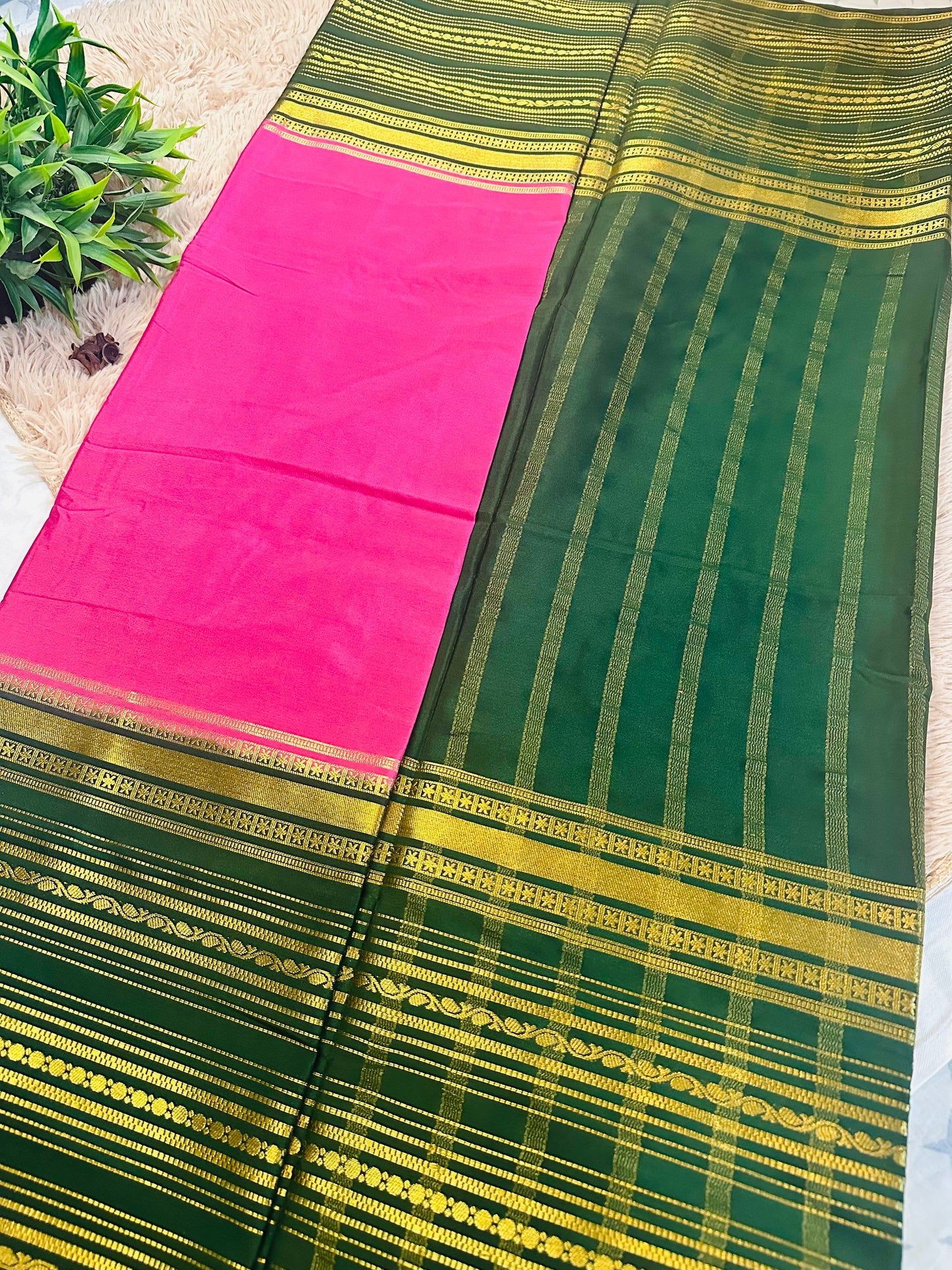 Bright Pink Premium KSIC Mysore Crepe Silk Saree (Contrast Border)