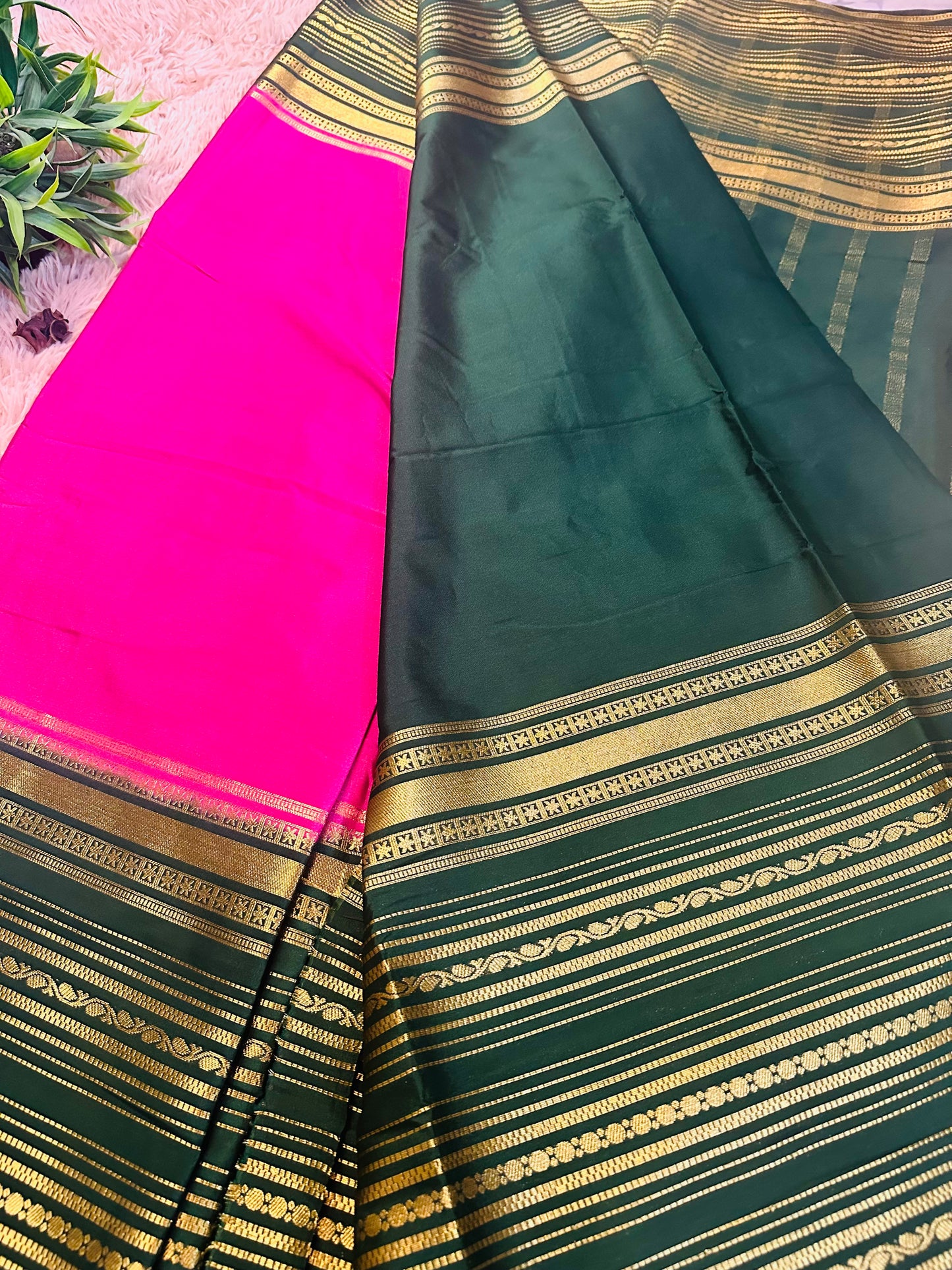 Bright Pink Premium KSIC Mysore Crepe Silk Saree (Contrast Border)