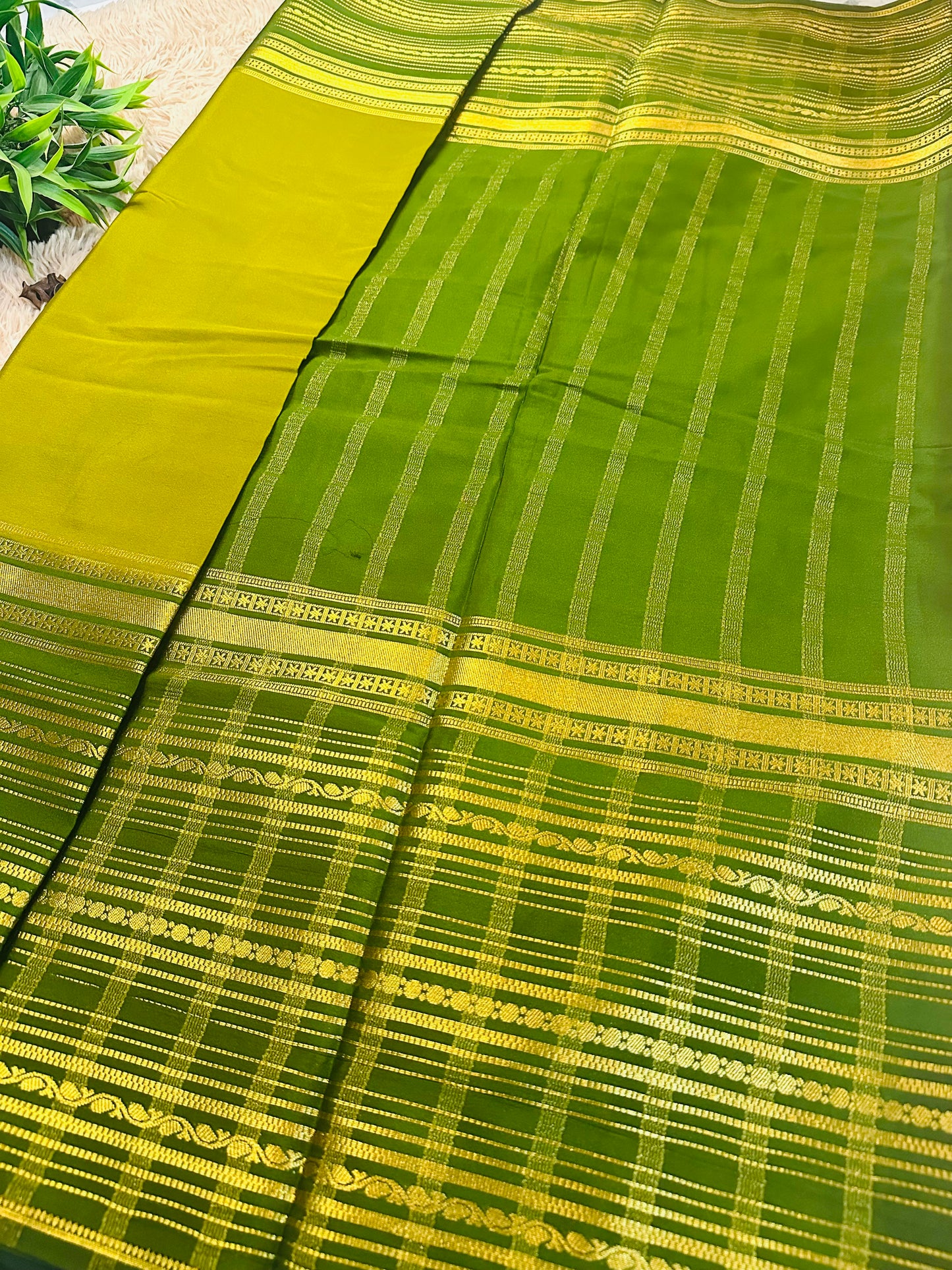 Mehendi Green Premium KSIC Mysore Crepe Silk Saree (Contrast Border)