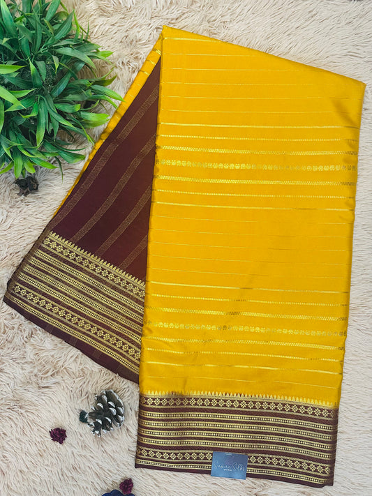 Mustard Premium KSIC Mysore Crepe Silk Saree With Zari Stripes (Contrast Border)