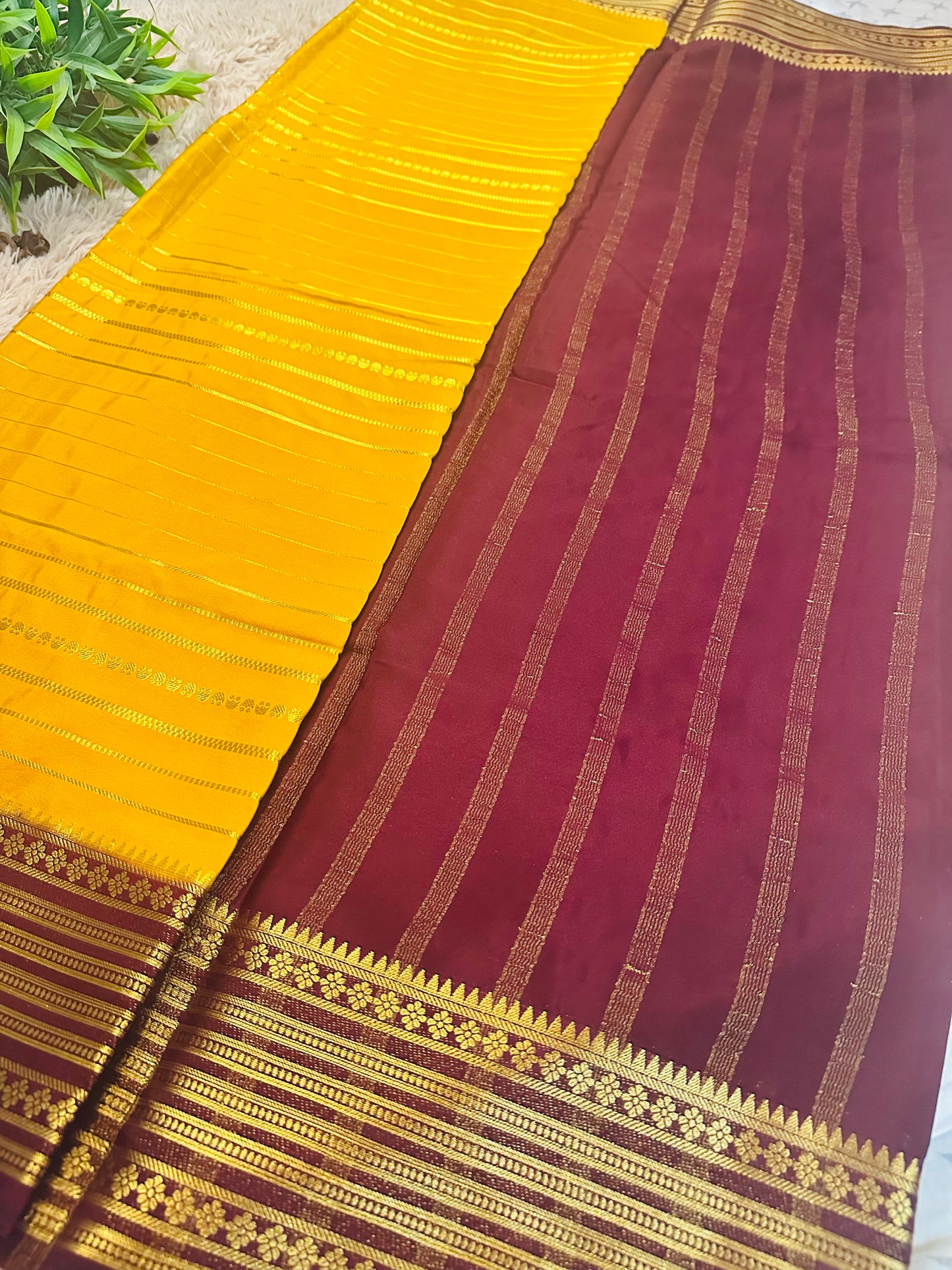 Mustard Premium KSIC Mysore Crepe Silk Saree With Zari Stripes (Contrast Border)