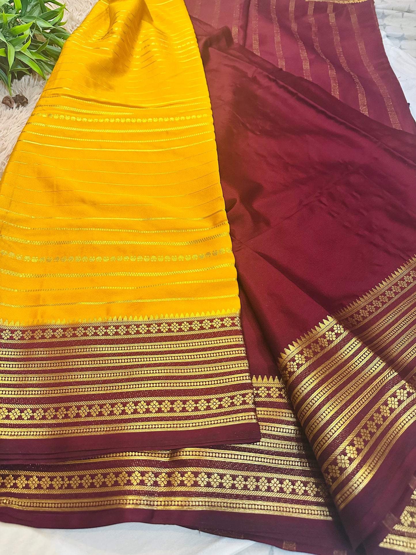 Mustard Premium KSIC Mysore Crepe Silk Saree With Zari Stripes (Contrast Border)