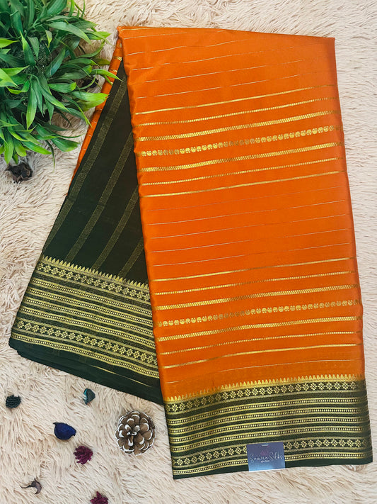 Orange Premium KSIC Mysore Crepe Silk Saree With Zari Stripes (Contrast Border)