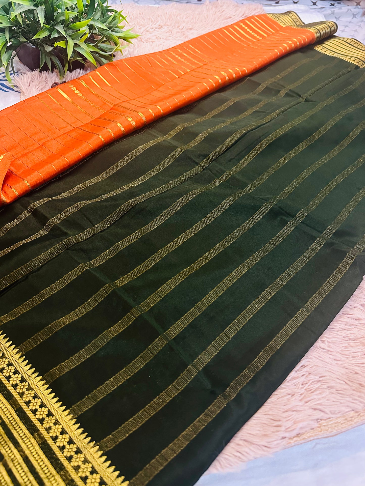 Orange Premium KSIC Mysore Crepe Silk Saree With Zari Stripes (Contrast Border)