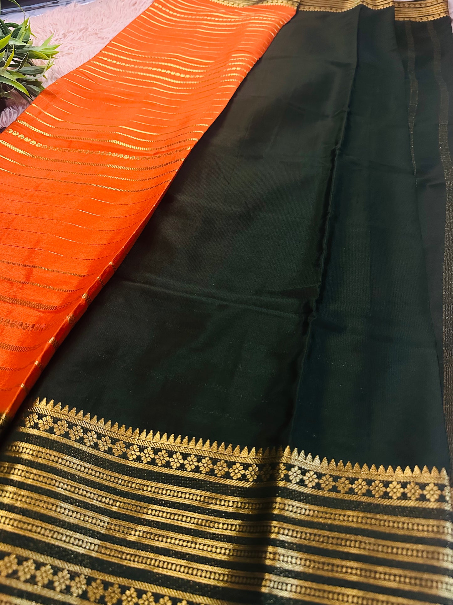 Orange Premium KSIC Mysore Crepe Silk Saree With Zari Stripes (Contrast Border)