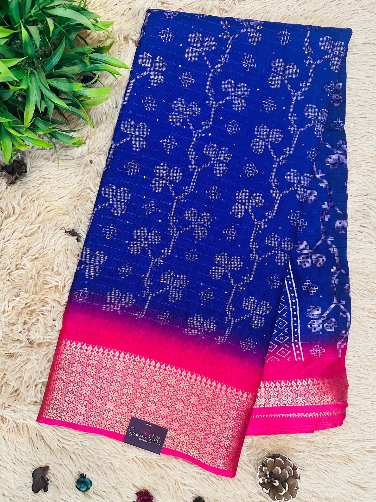 Purple Floral Print Threaded Sequence Cotton Silk Saree with Zari Border