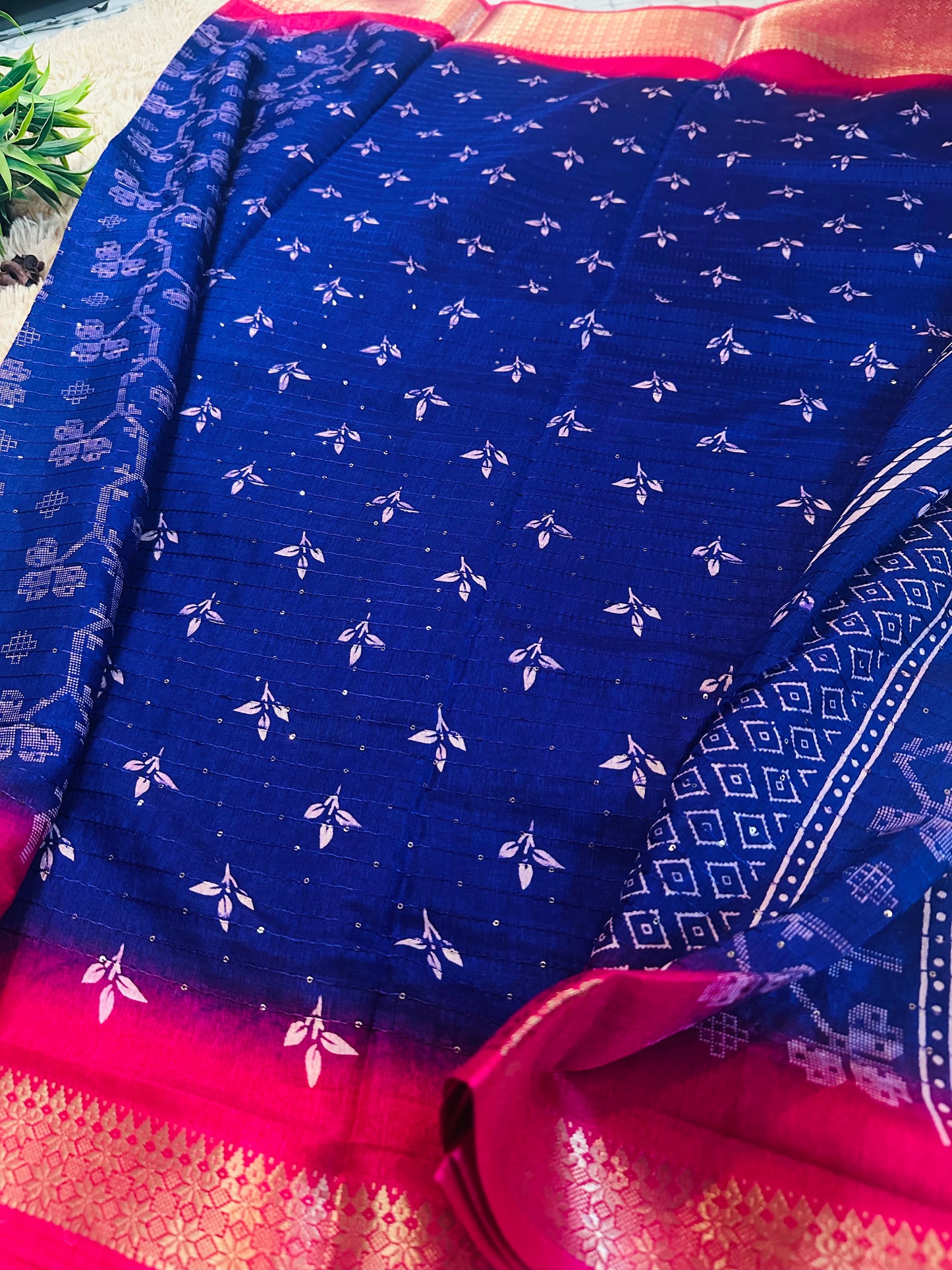 Purple Floral Print Threaded Sequence Cotton Silk Saree with Zari Border