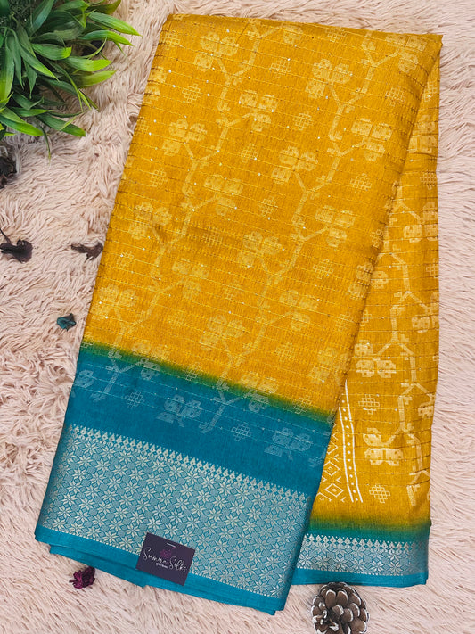 Mustard Floral Print Threaded Sequence Cotton Silk Saree with Zari Border