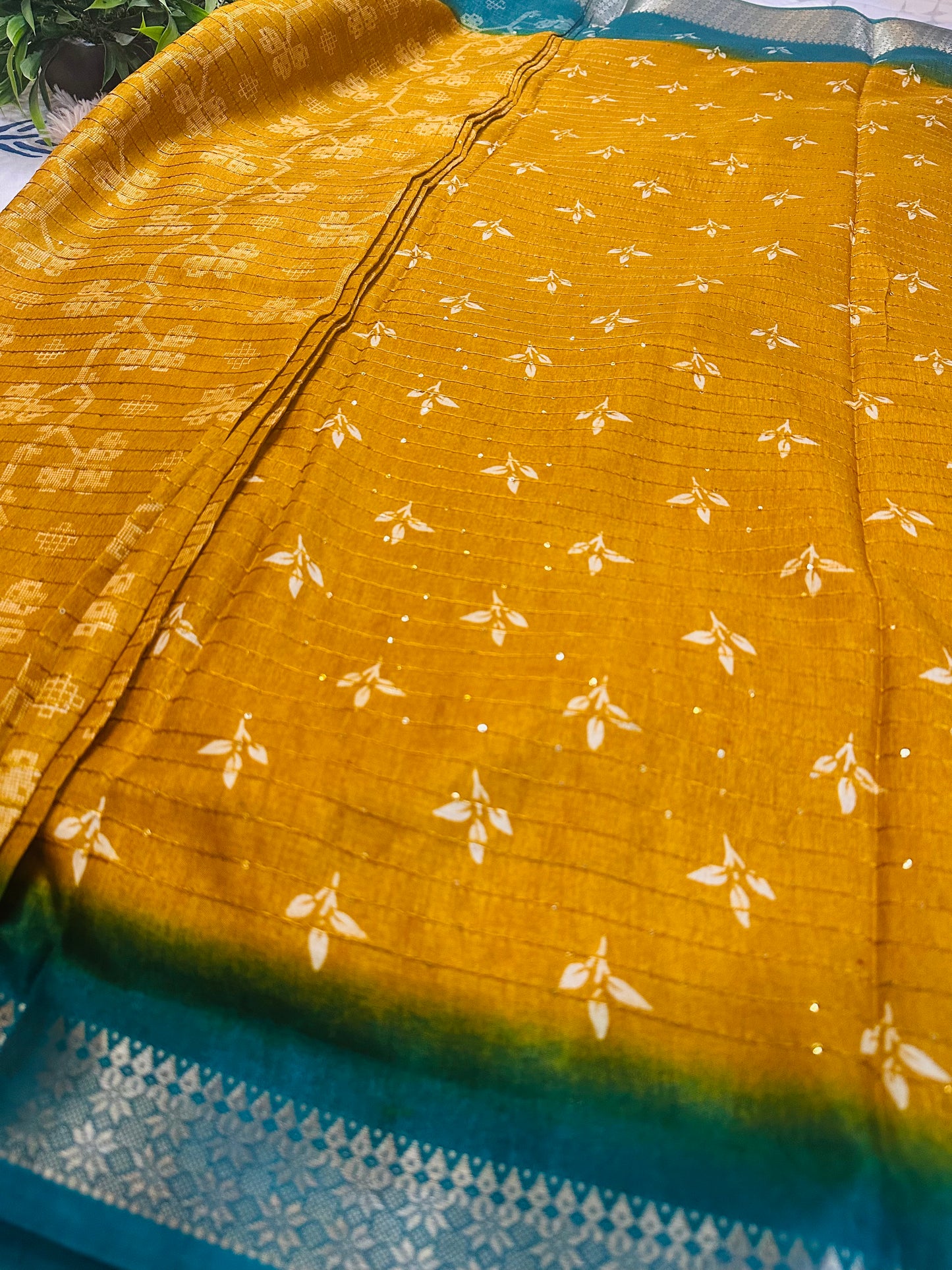 Mustard Floral Print Threaded Sequence Cotton Silk Saree with Zari Border