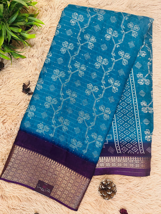 Sky Blue Floral Print Threaded Sequence Cotton Silk Saree with Zari Border