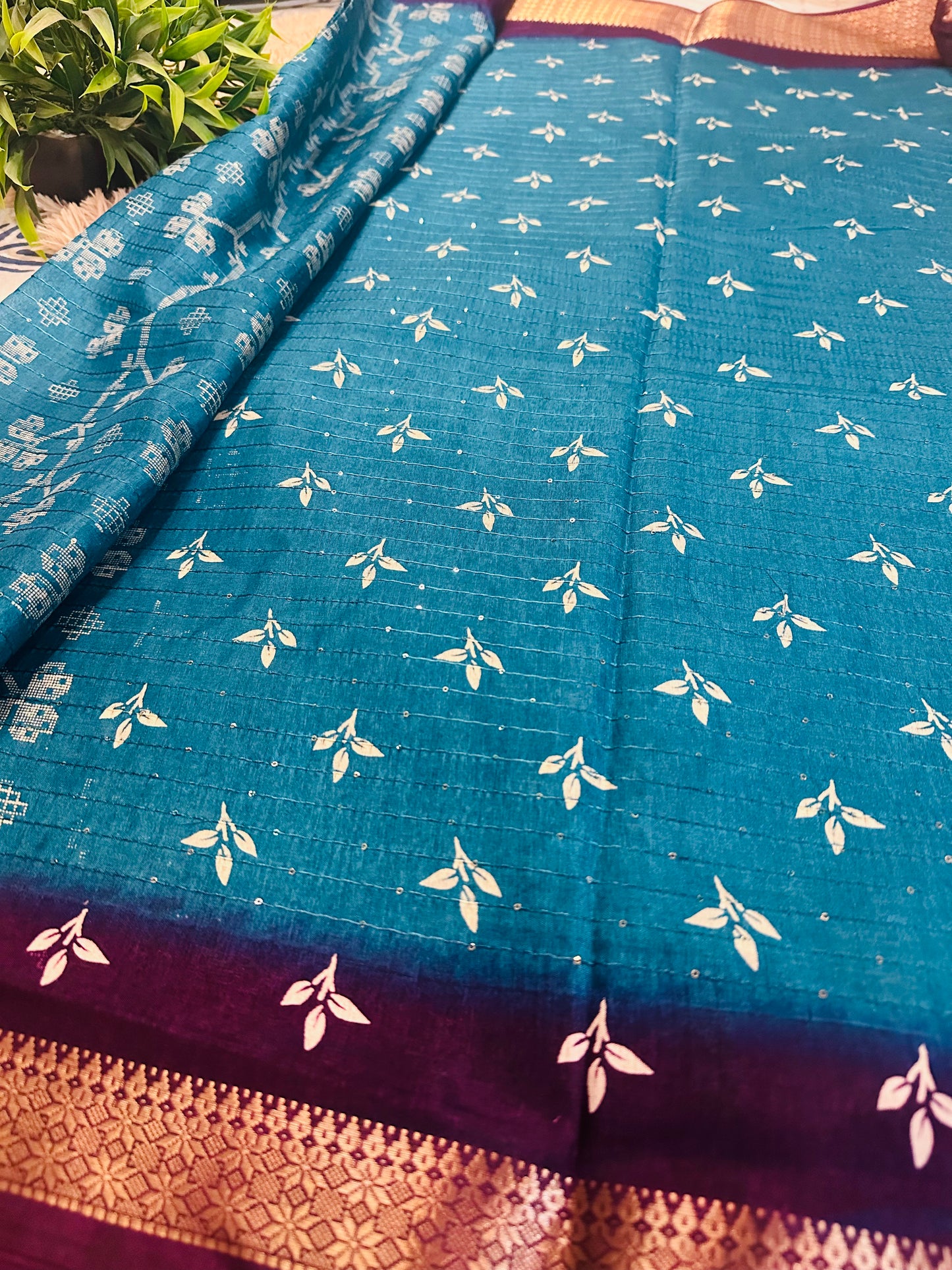 Sky Blue Floral Print Threaded Sequence Cotton Silk Saree with Zari Border