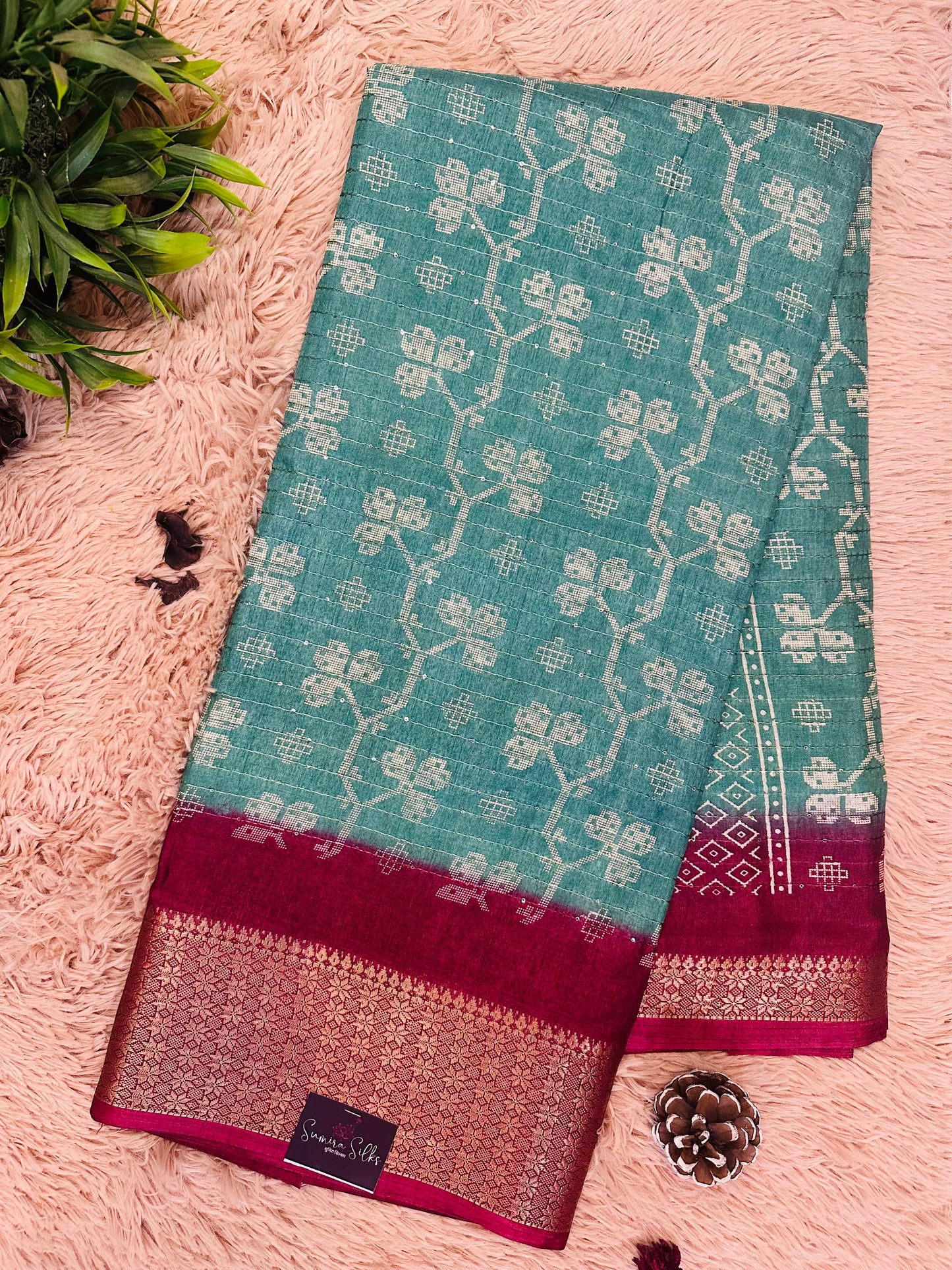 Teal Blue Floral Print Threaded Sequence Cotton Silk Saree with Zari Border