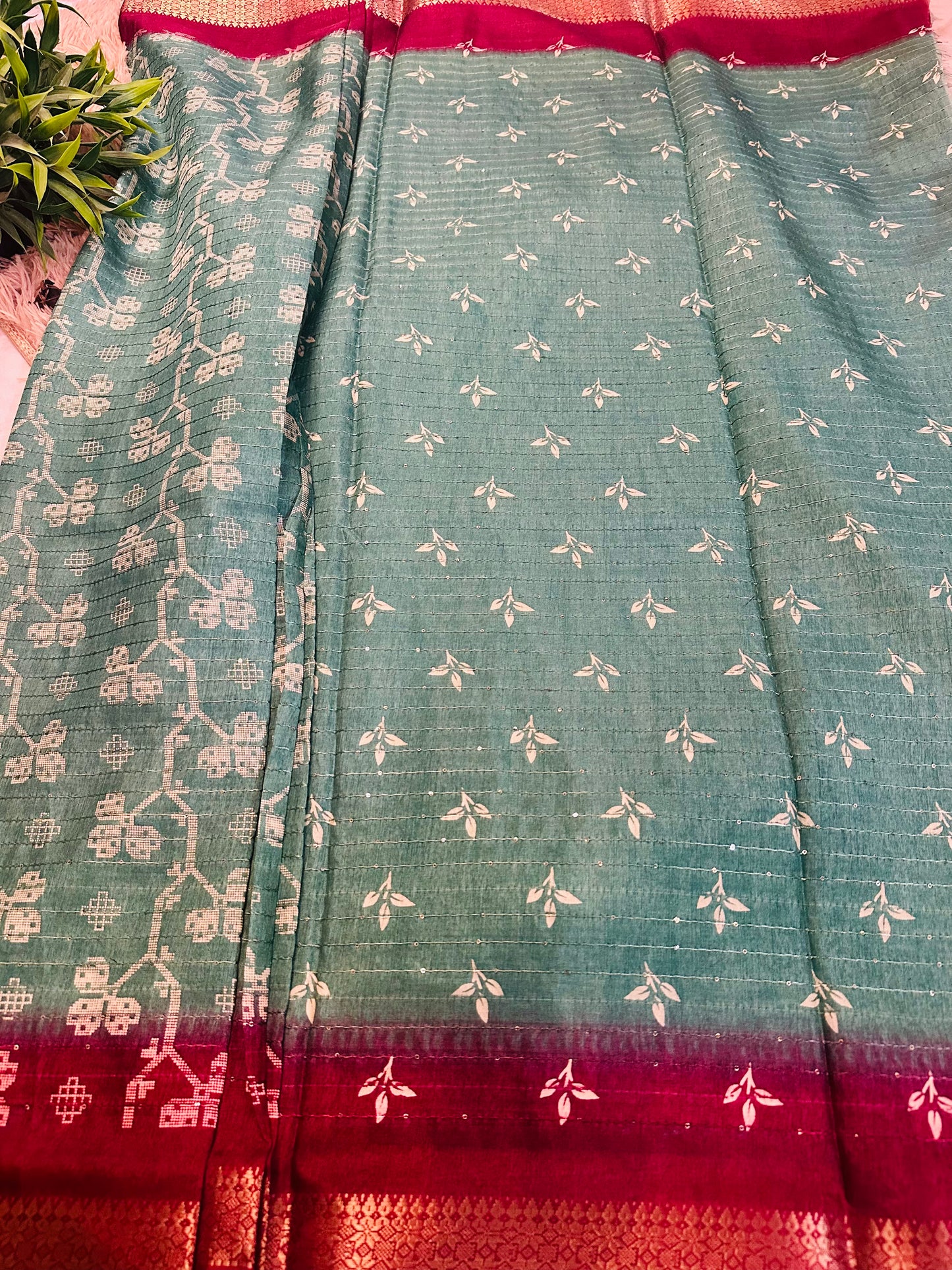 Teal Blue Floral Print Threaded Sequence Cotton Silk Saree with Zari Border