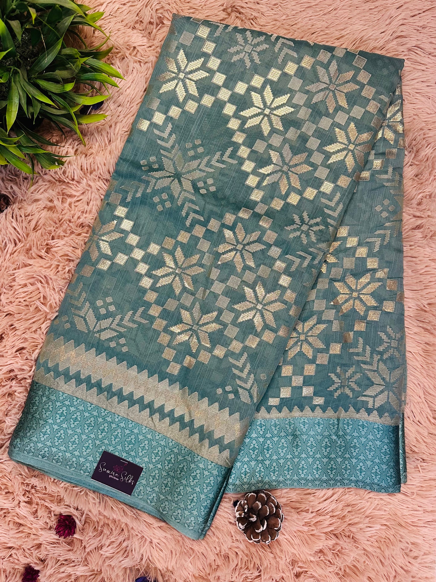 Teal Blue Brasso Weave Sarees With Satin Border