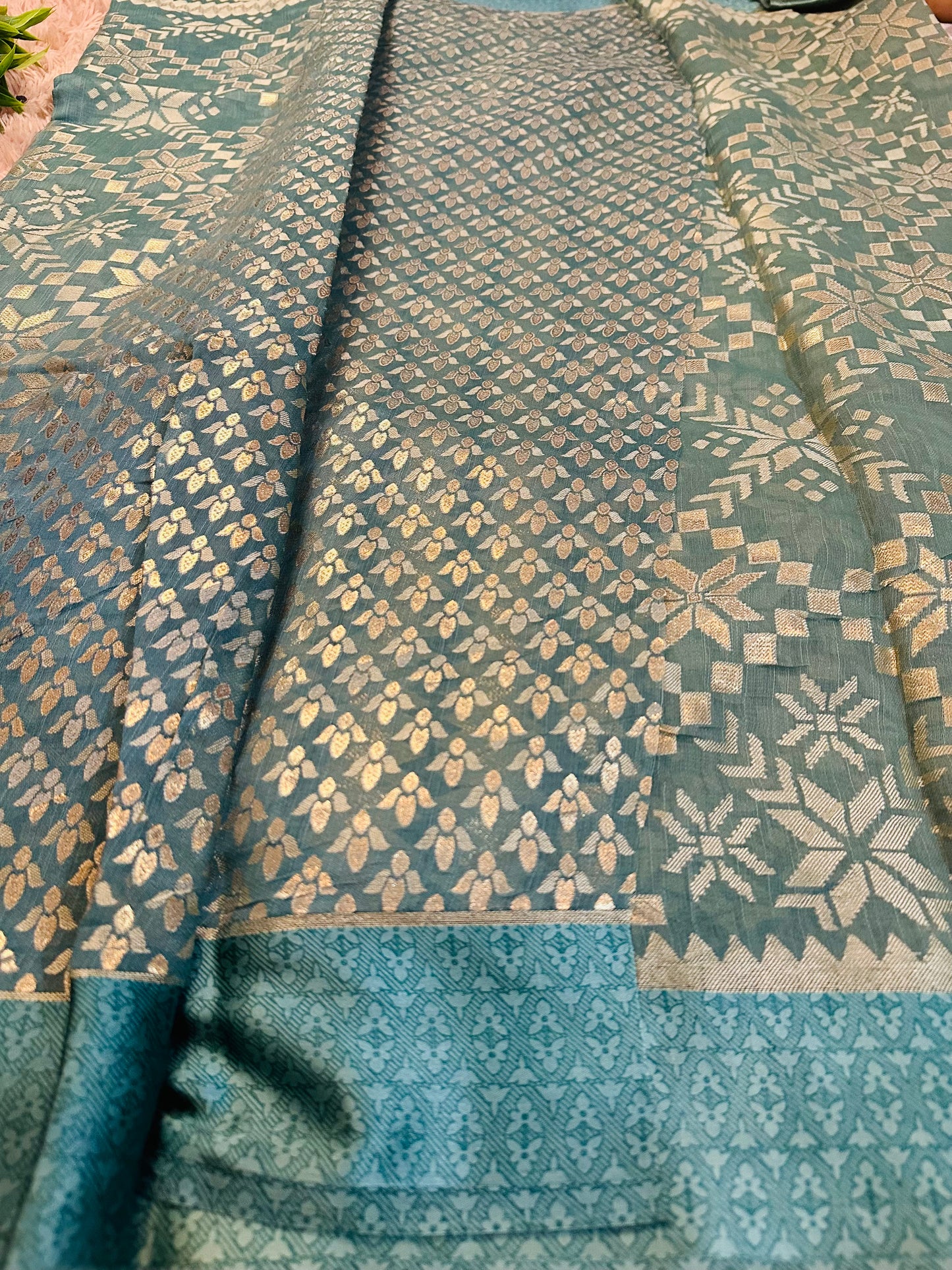 Teal Blue Brasso Weave Sarees With Satin Border