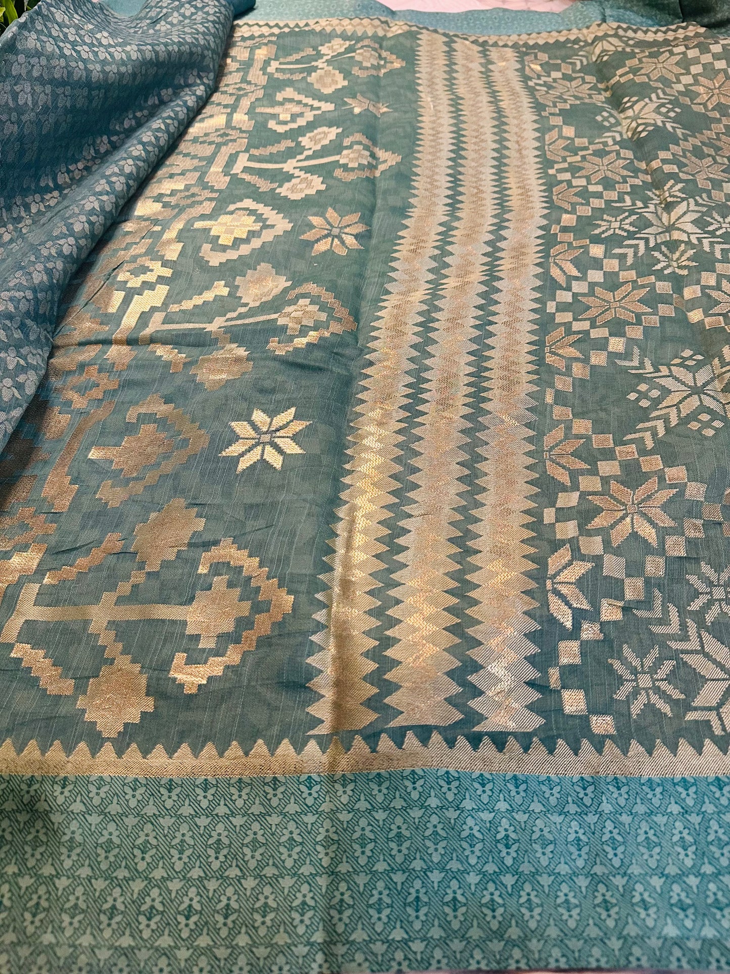 Teal Blue Brasso Weave Sarees With Satin Border