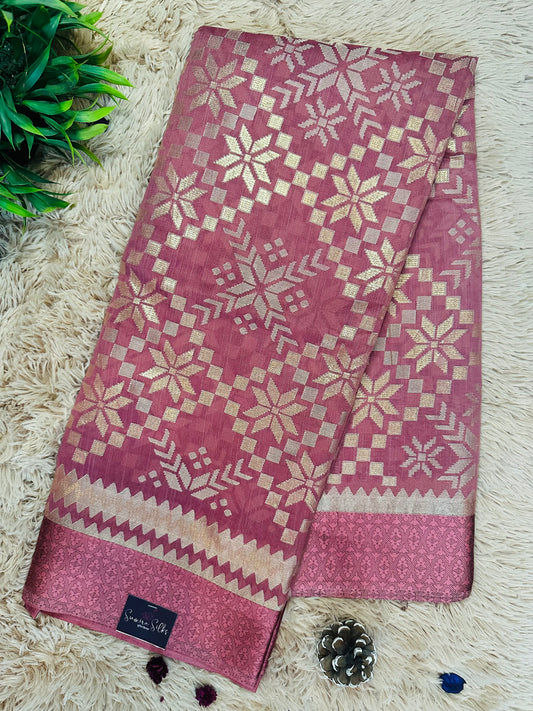 Sweet Pink Brasso Weave Sarees With Satin Border