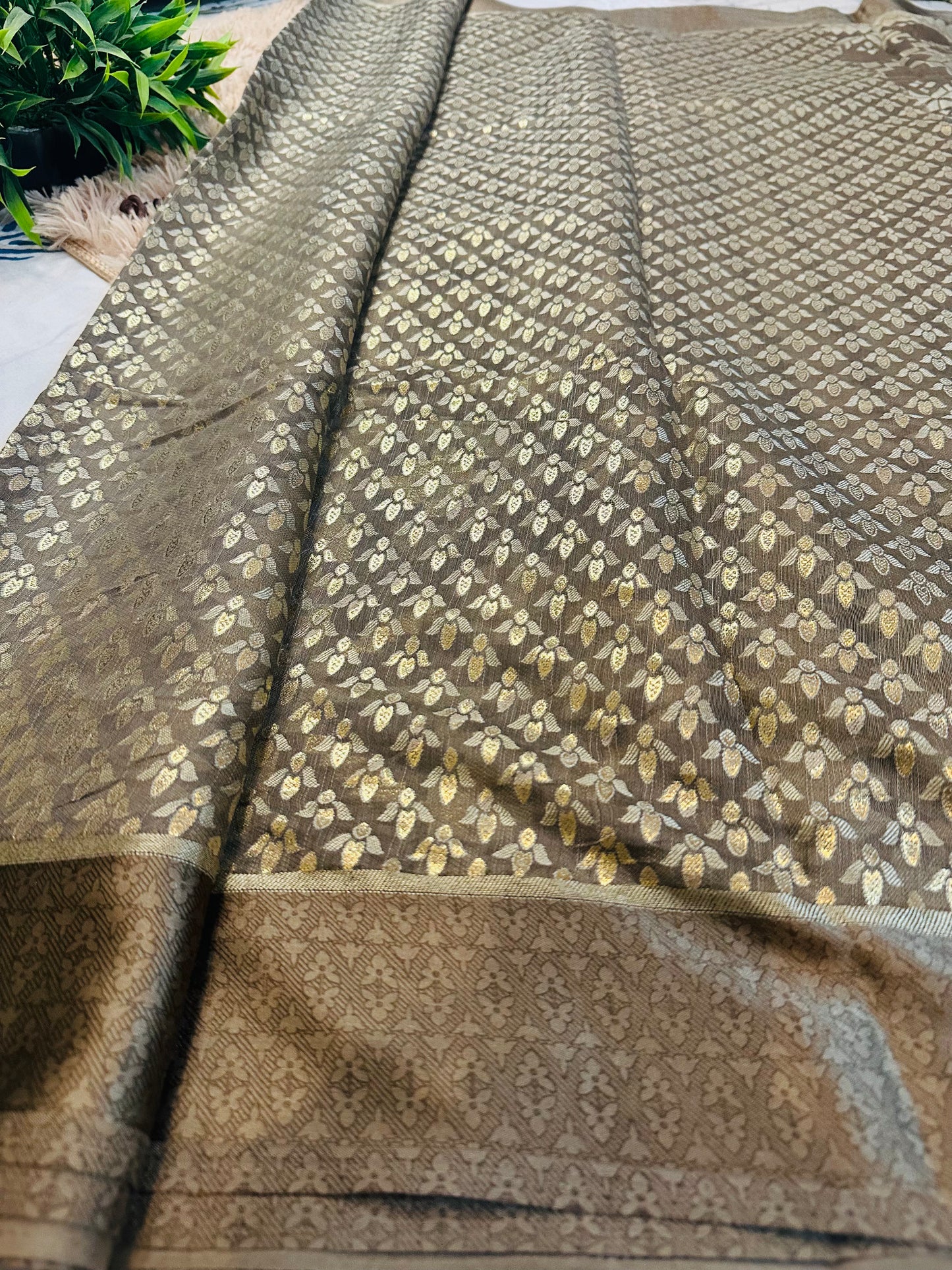 Brown Brasso Weave Sarees With Satin Border