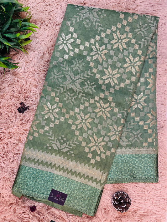 Pista Green Brasso Weave Sarees With Satin Border