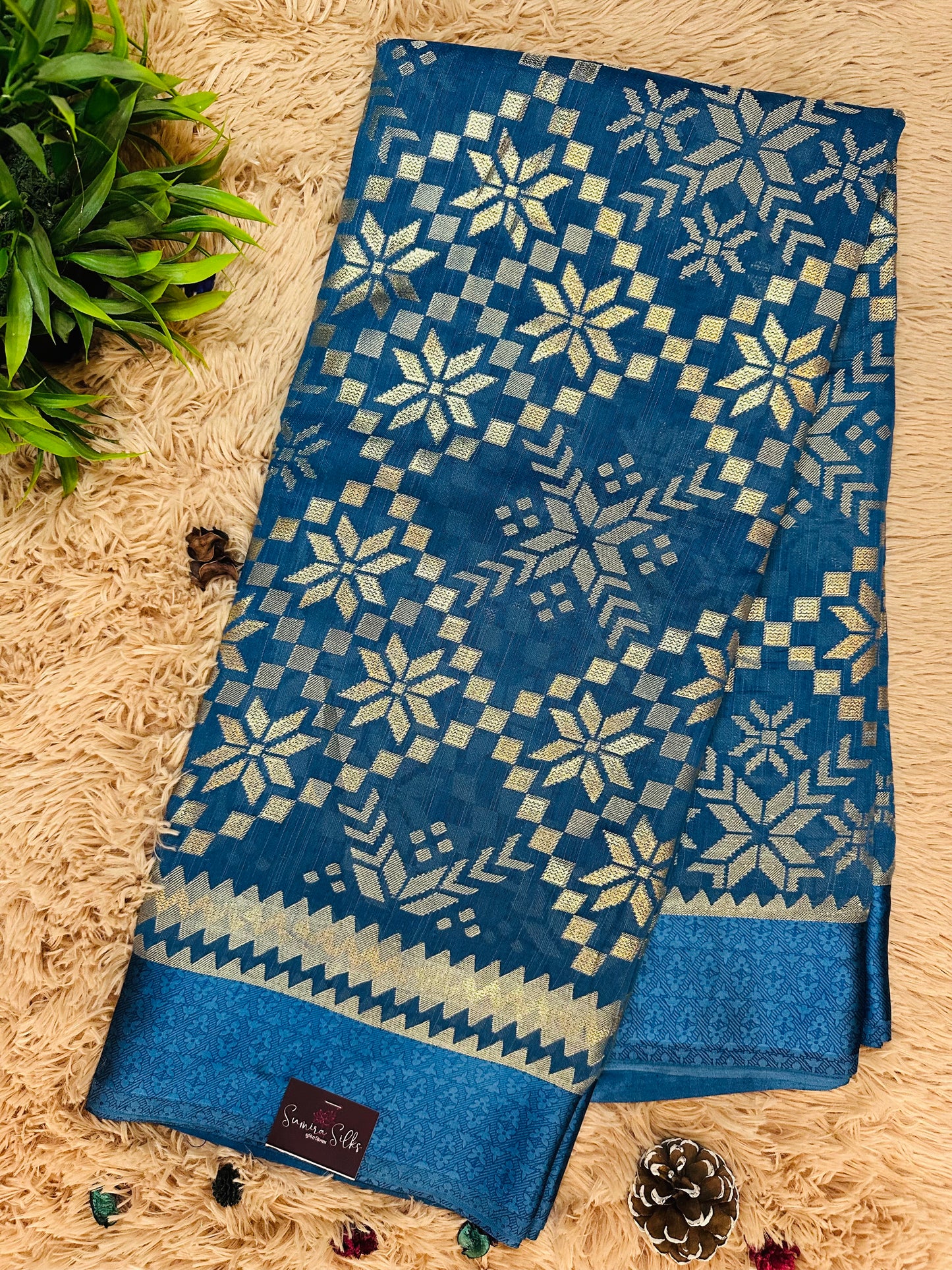 Ink Blue Brasso Weave Sarees With Satin Border