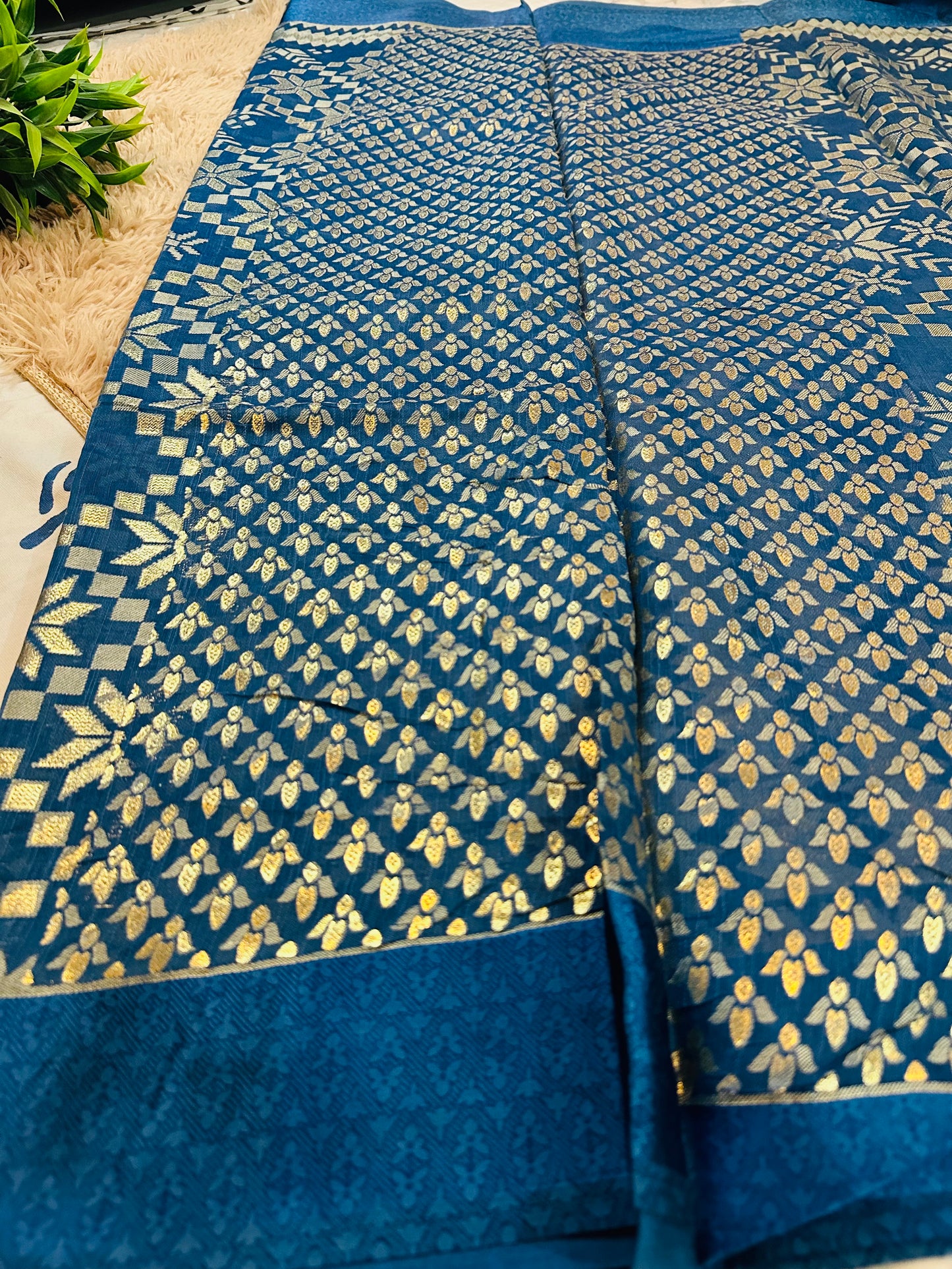 Ink Blue Brasso Weave Sarees With Satin Border